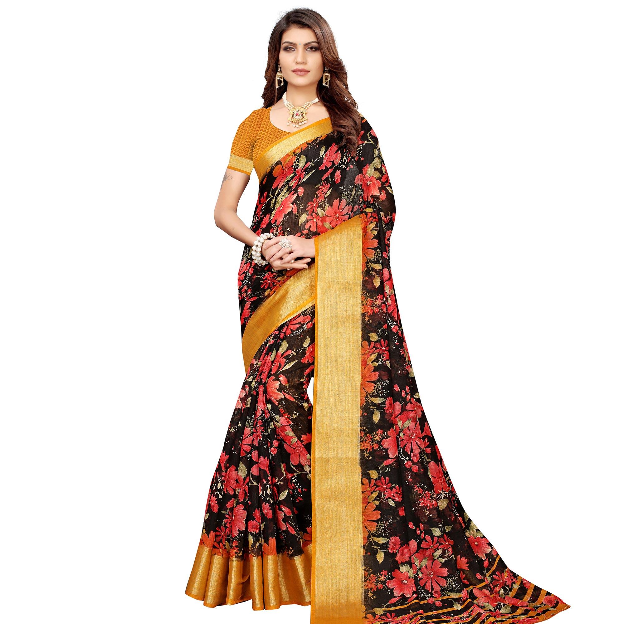 Stunning Black Festive Wear Floral Printed Semi Linen Jari Border Printed Saree - Peachmode