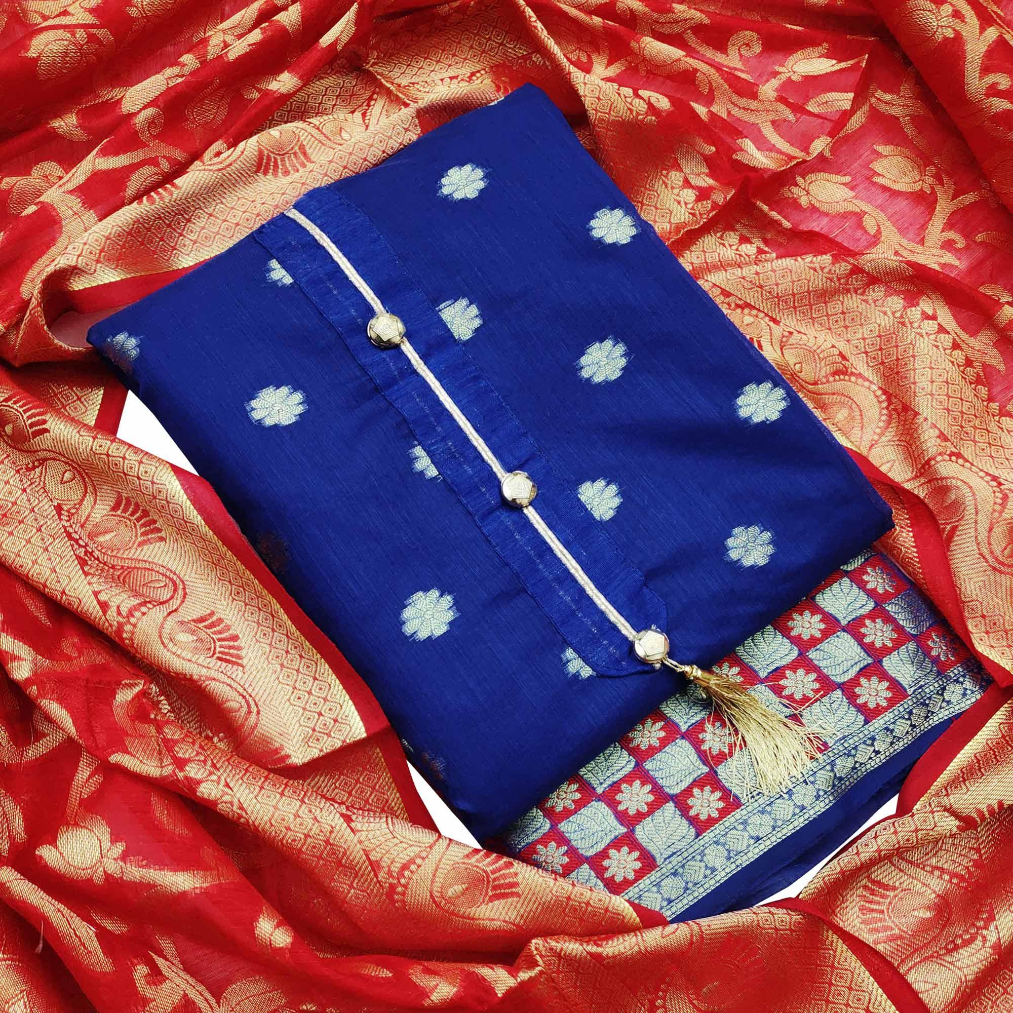 Stunning Blue Colored Festive Wear Woven Banarasi Silk Dress Material - Peachmode