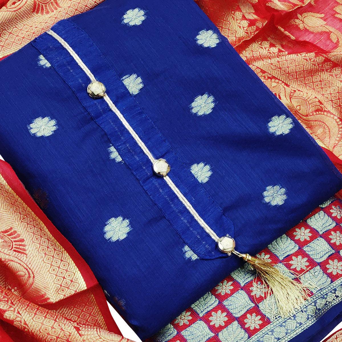 Stunning Blue Colored Festive Wear Woven Banarasi Silk Dress Material - Peachmode