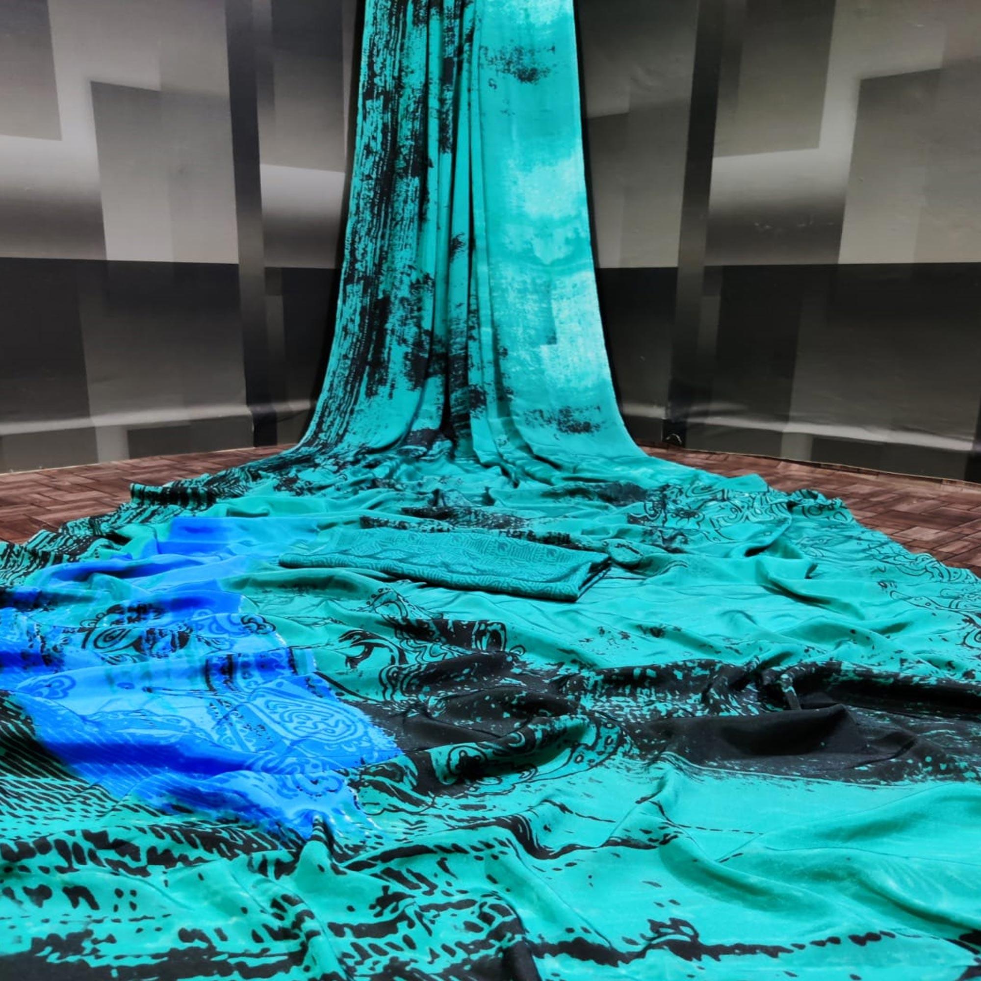 Stunning Blue Colored Partywear Printed Silk Crepe Saree - Peachmode