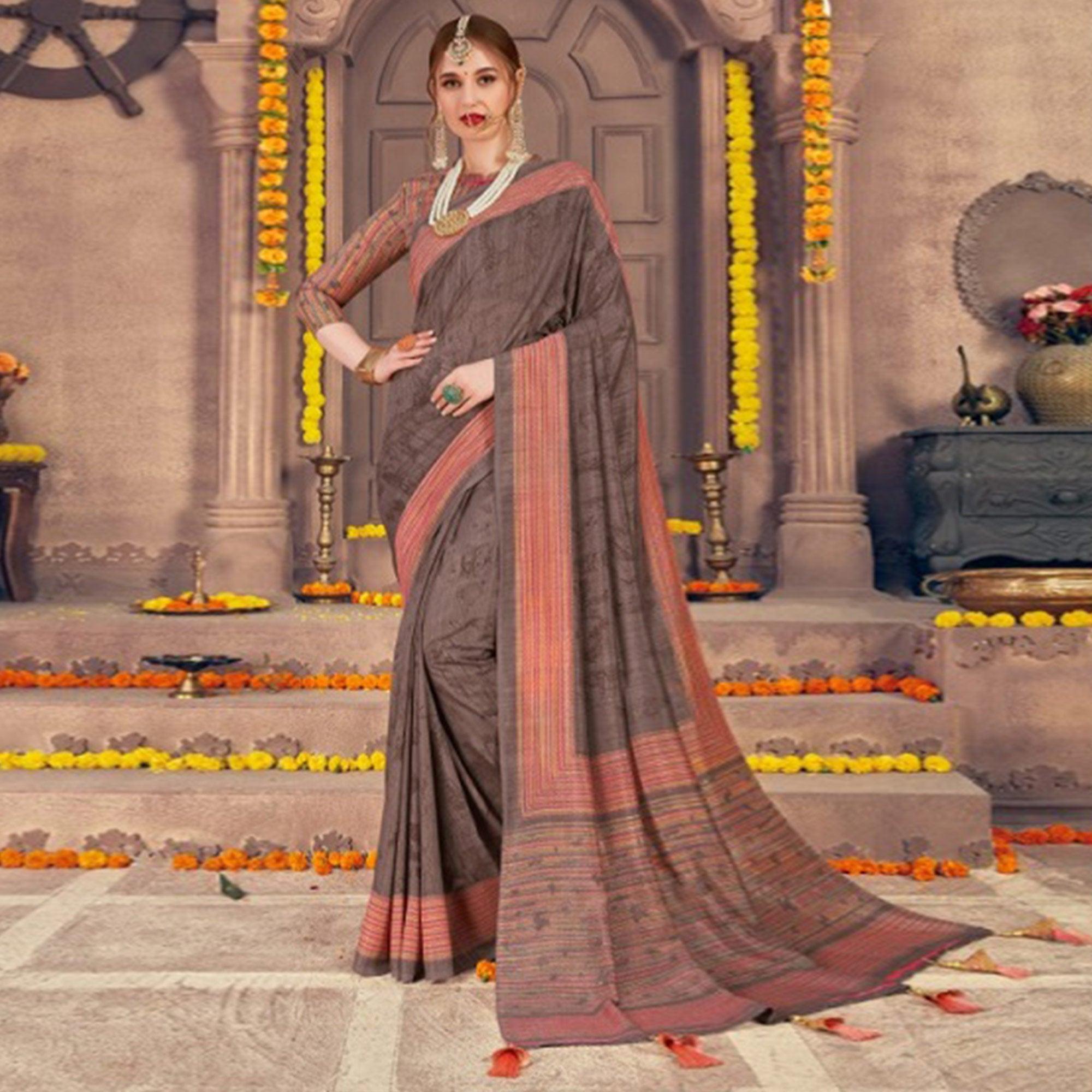Stunning Brown Colored Festive Wear Printed Georgette Saree With Tassels - Peachmode