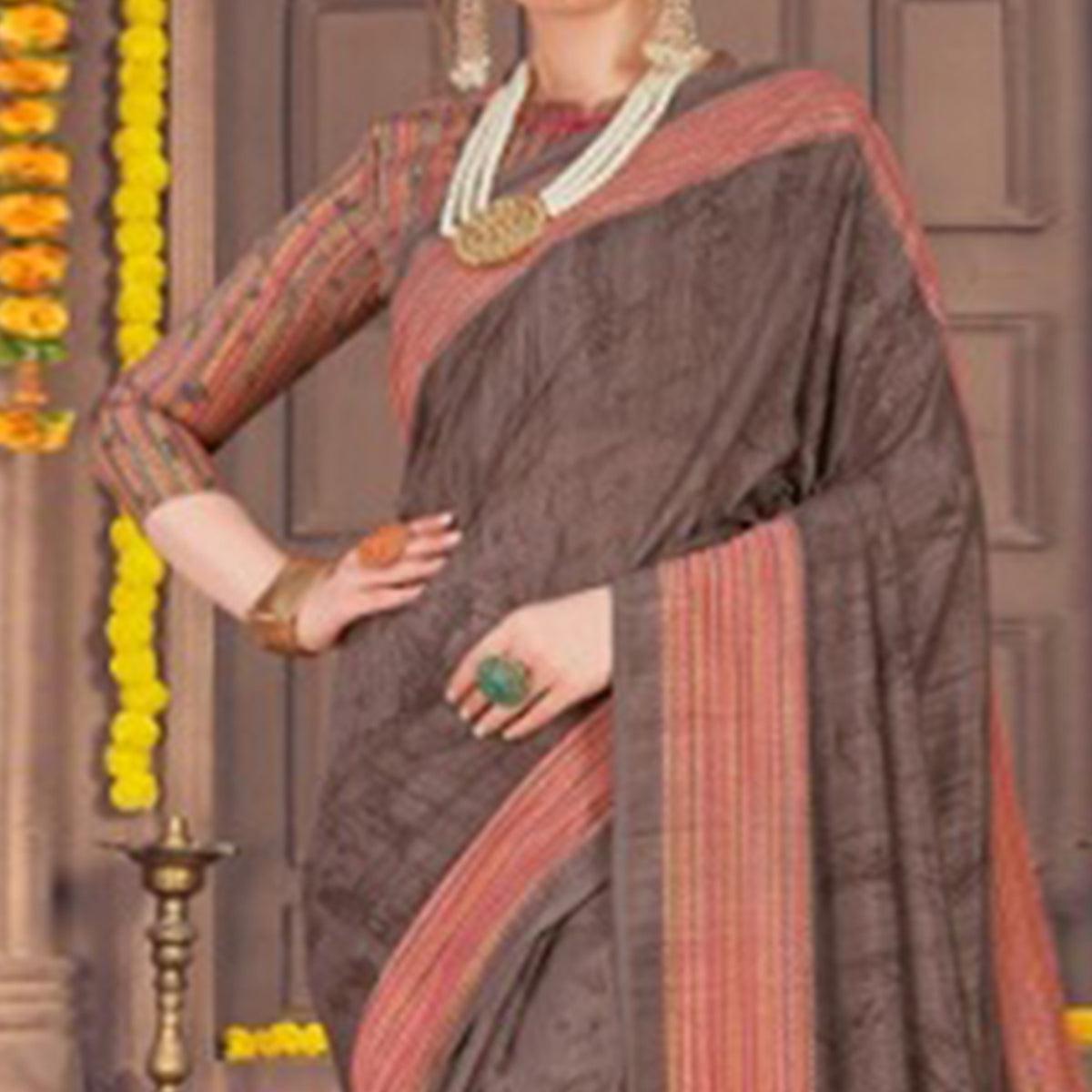 Stunning Brown Colored Festive Wear Printed Georgette Saree With Tassels - Peachmode