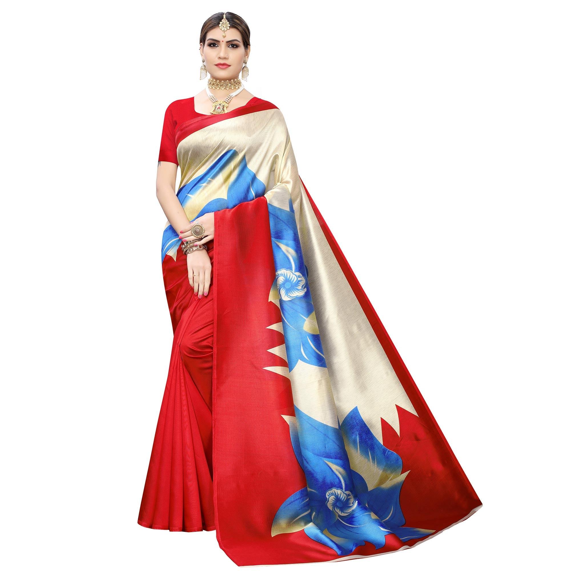 Stunning Coral Red-Cream Colored Casual Wear Floral Printed Art Silk Saree - Peachmode