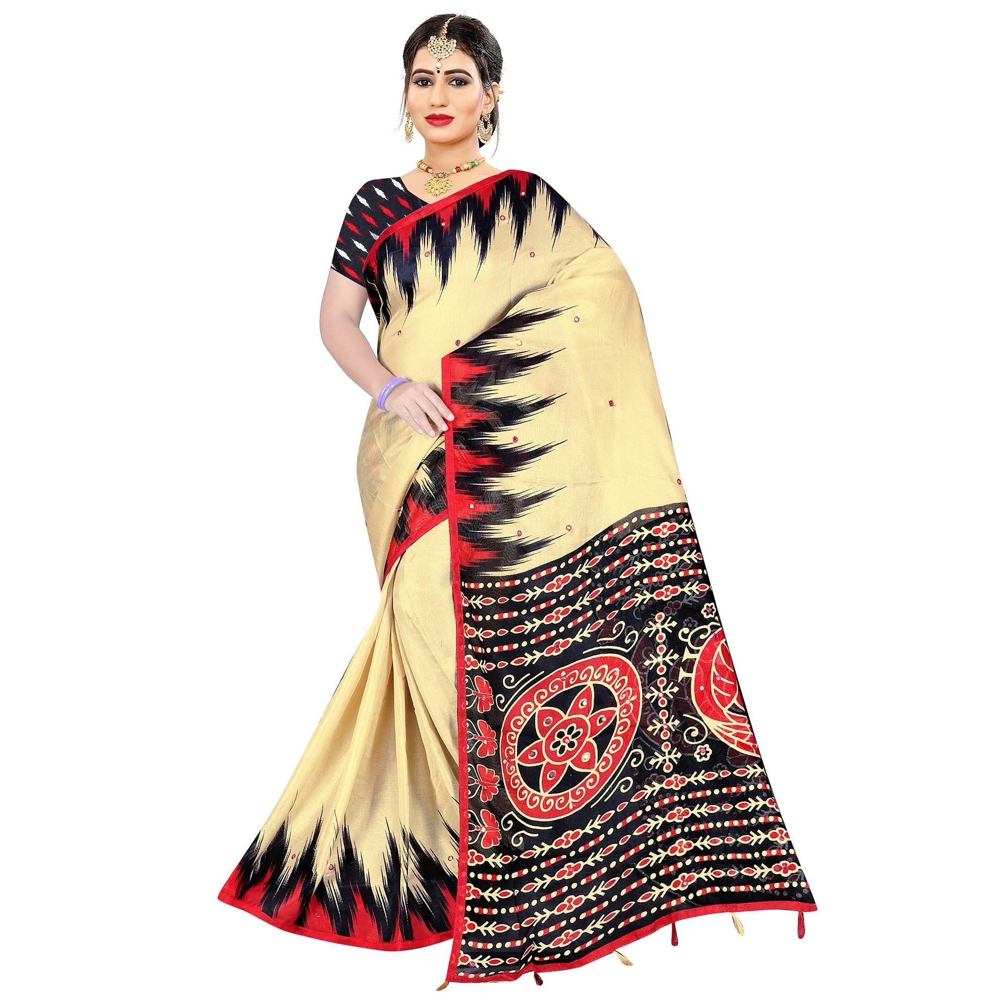 Stunning Cream Coloured Festive Wear Printed Cotton Jute Saree - Peachmode