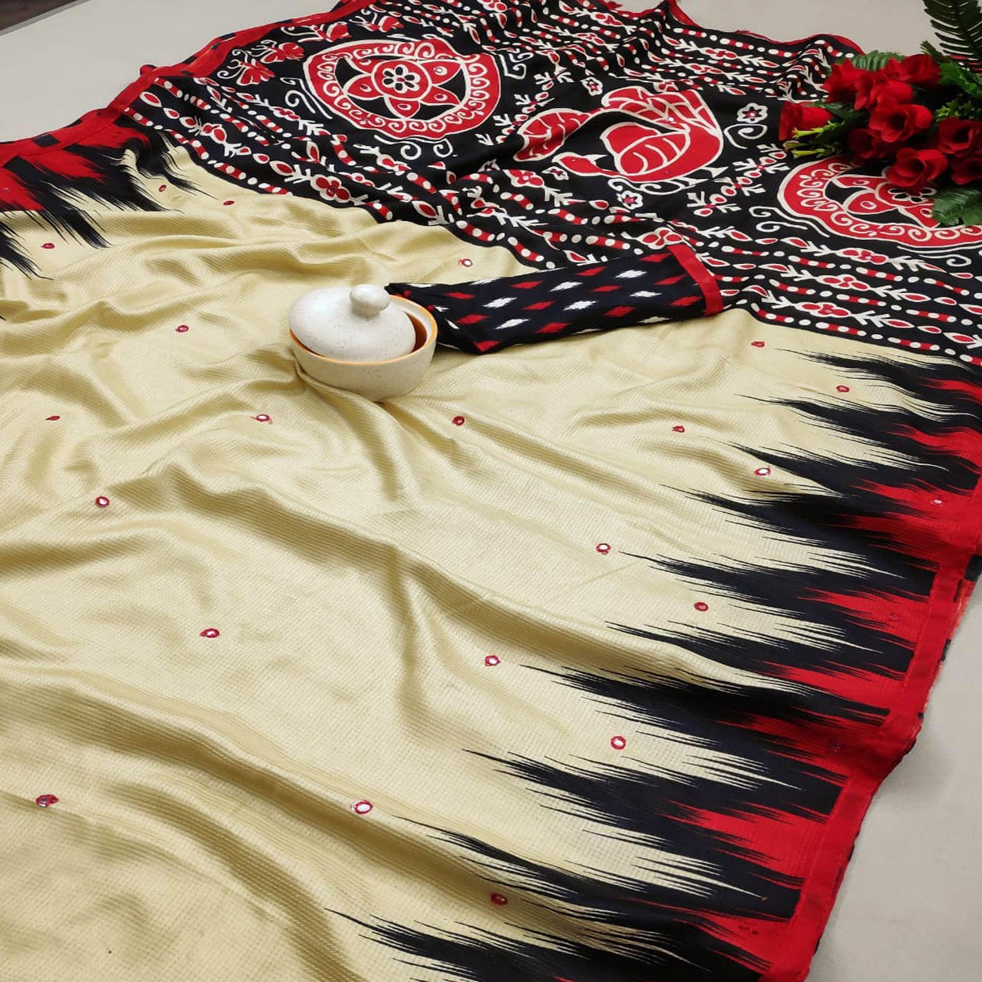 Stunning Cream Coloured Festive Wear Printed Cotton Jute Saree - Peachmode