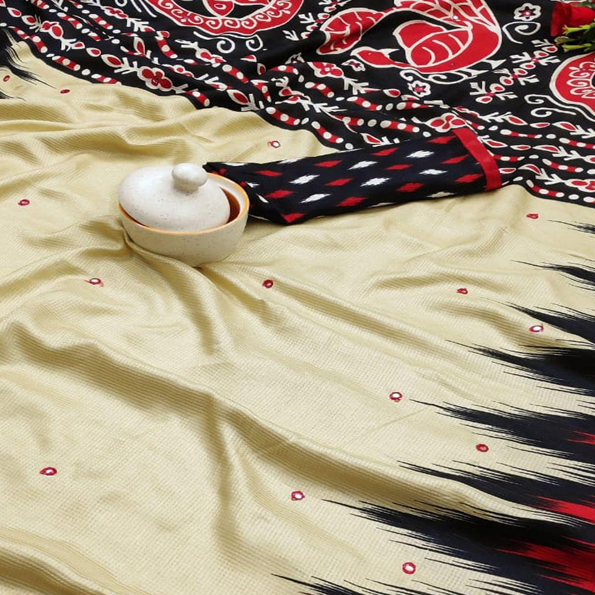 Stunning Cream Coloured Festive Wear Printed Cotton Jute Saree - Peachmode