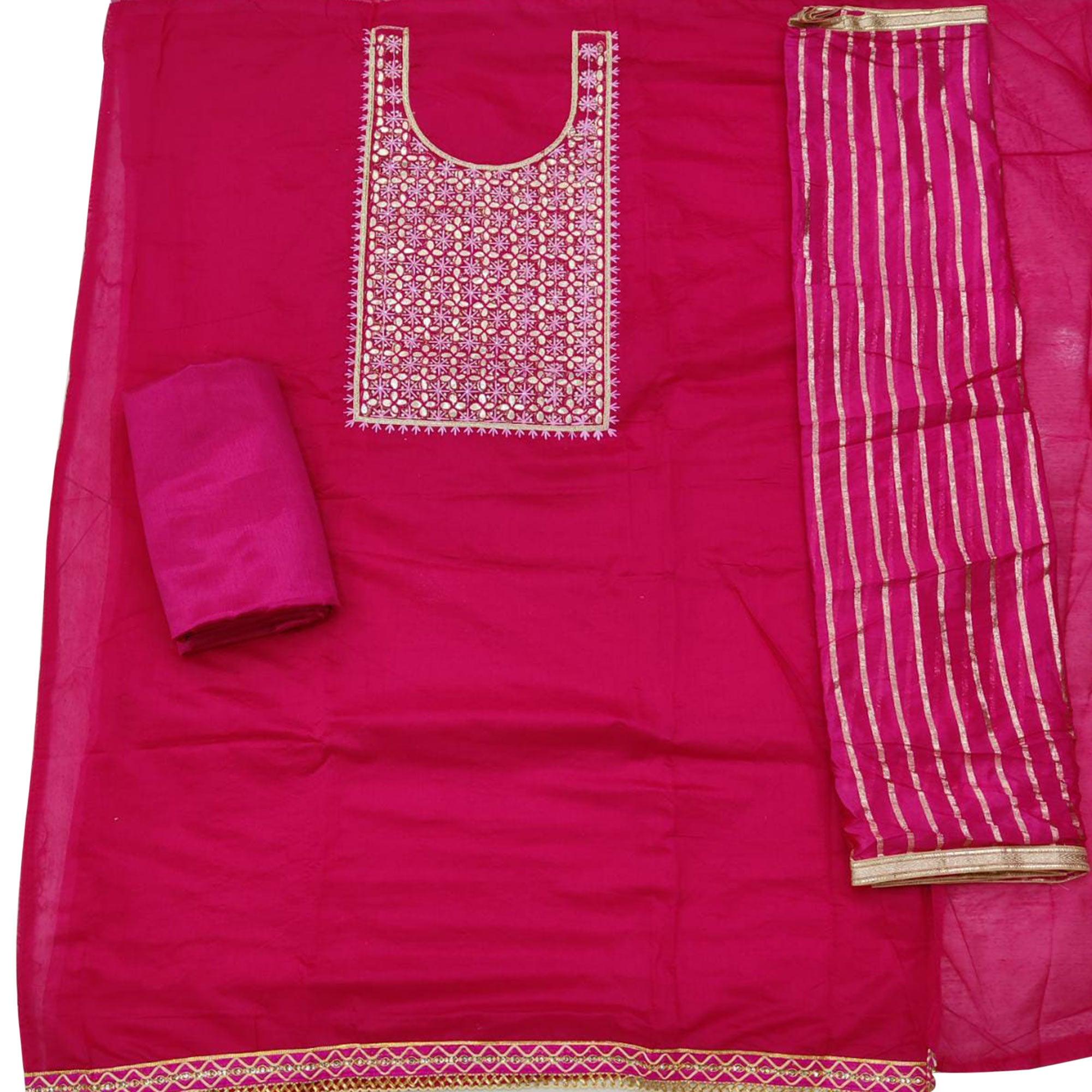 Stunning Dark Pink Colored Festive Wear Embroidered Heavy Modal Silk Dress Material - Peachmode