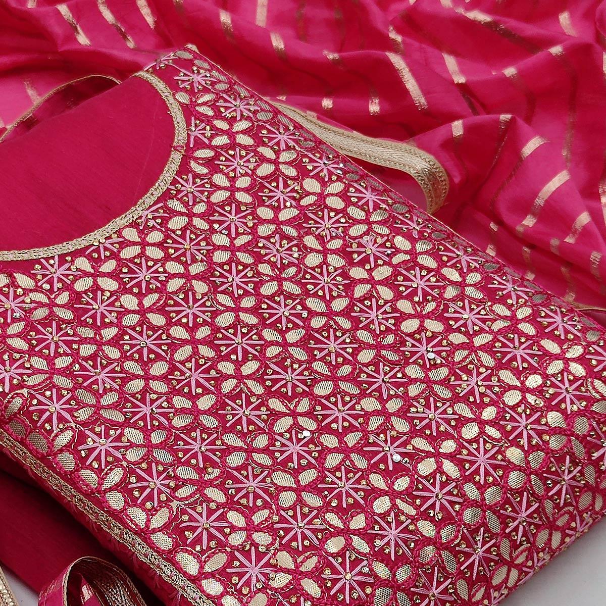 Stunning Dark Pink Colored Festive Wear Embroidered Heavy Modal Silk Dress Material - Peachmode