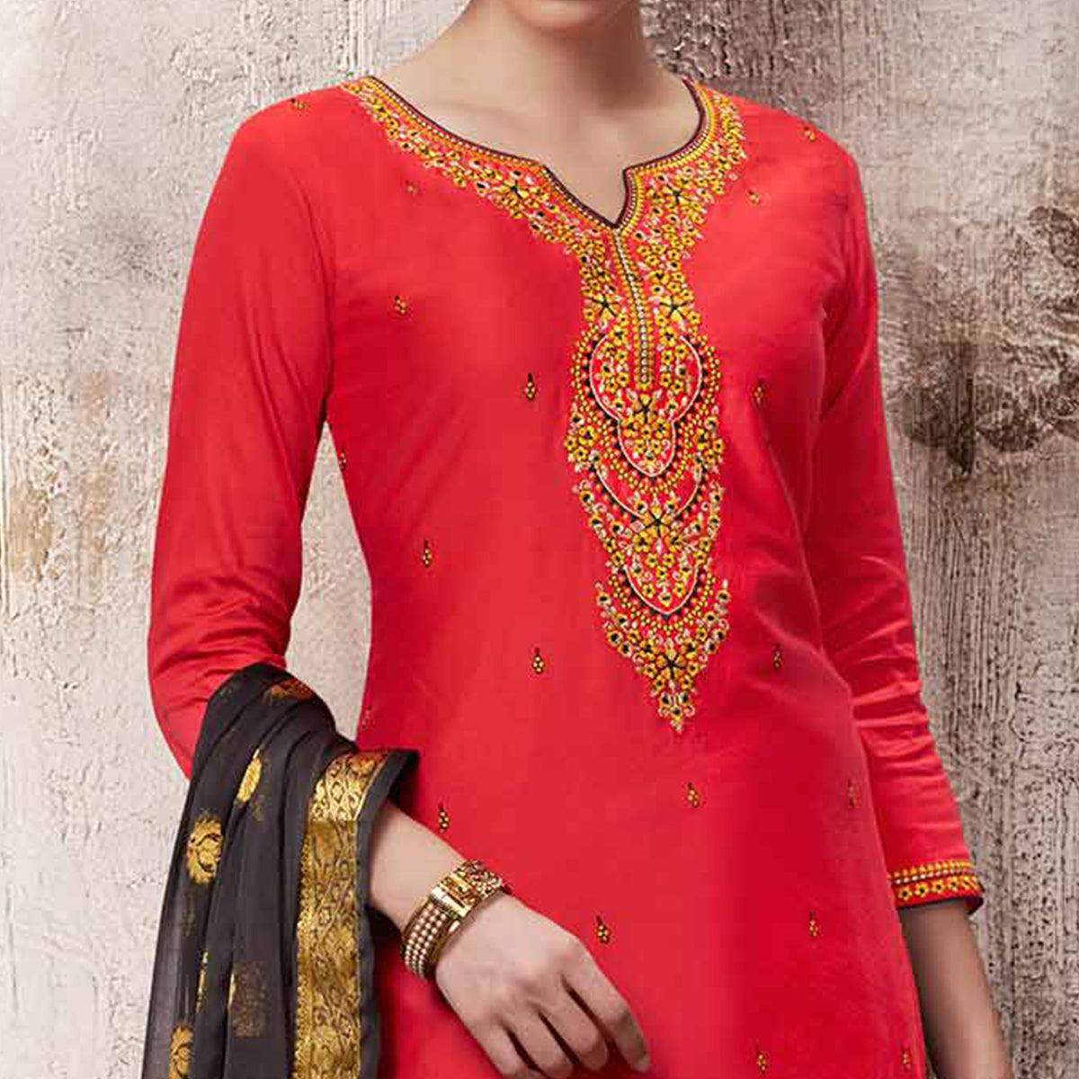 Stunning Deep Pink Colored Embroidered Work Party Wear Silk Cotton Patiala Suit - Peachmode
