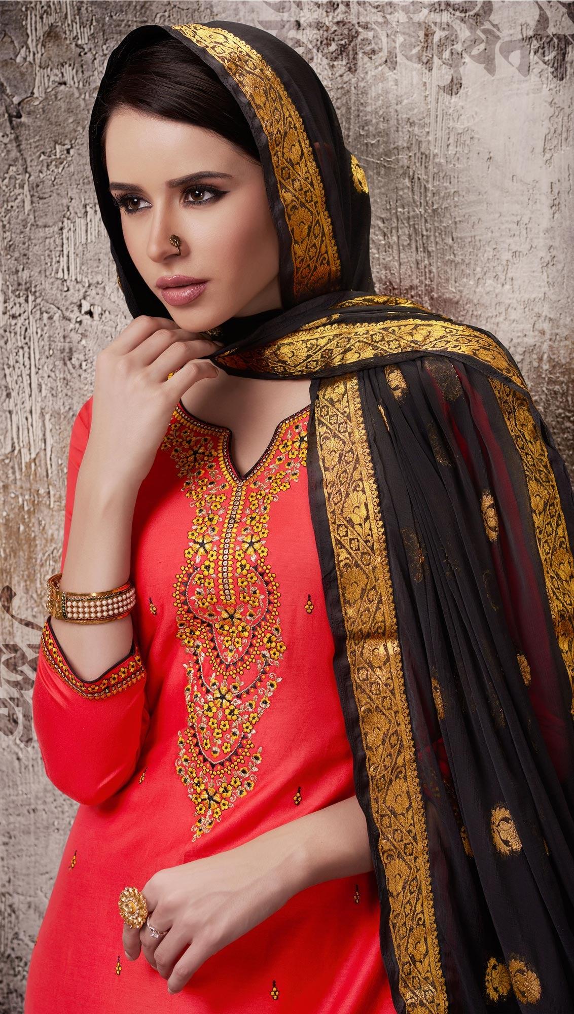 Stunning Deep Pink Colored Embroidered Work Party Wear Silk Cotton Patiala Suit - Peachmode