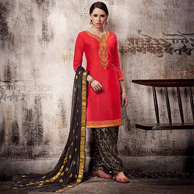 Stunning Deep Pink Colored Embroidered Work Party Wear Silk Cotton Patiala Suit - Peachmode