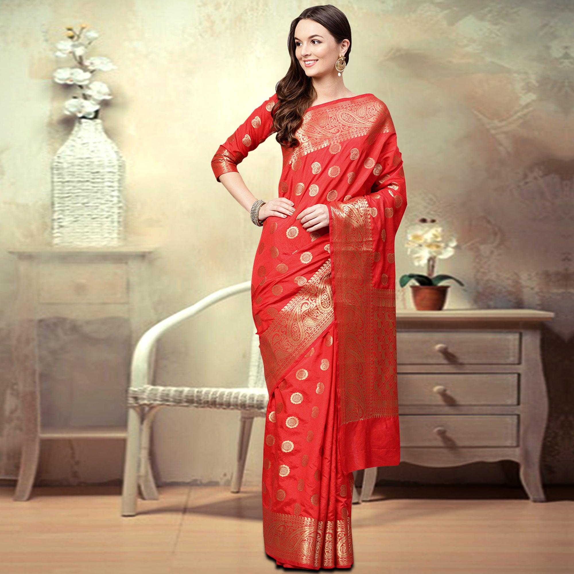 Stunning Deep Red Colored Festive Wear Woven Silk Saree - Peachmode