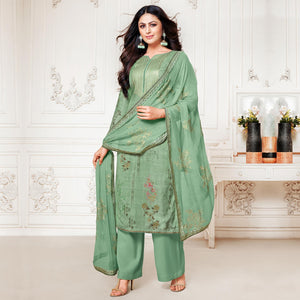 Stunning Green Colored Digital Printed Pure Muslin Silk Dress Material - Peachmode