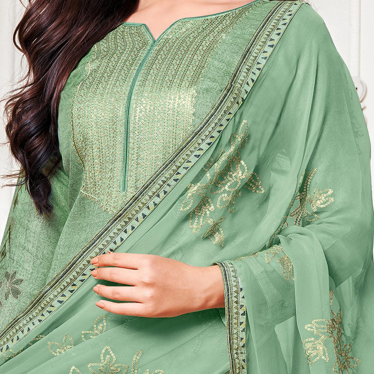 Stunning Green Colored Digital Printed Pure Muslin Silk Dress Material - Peachmode