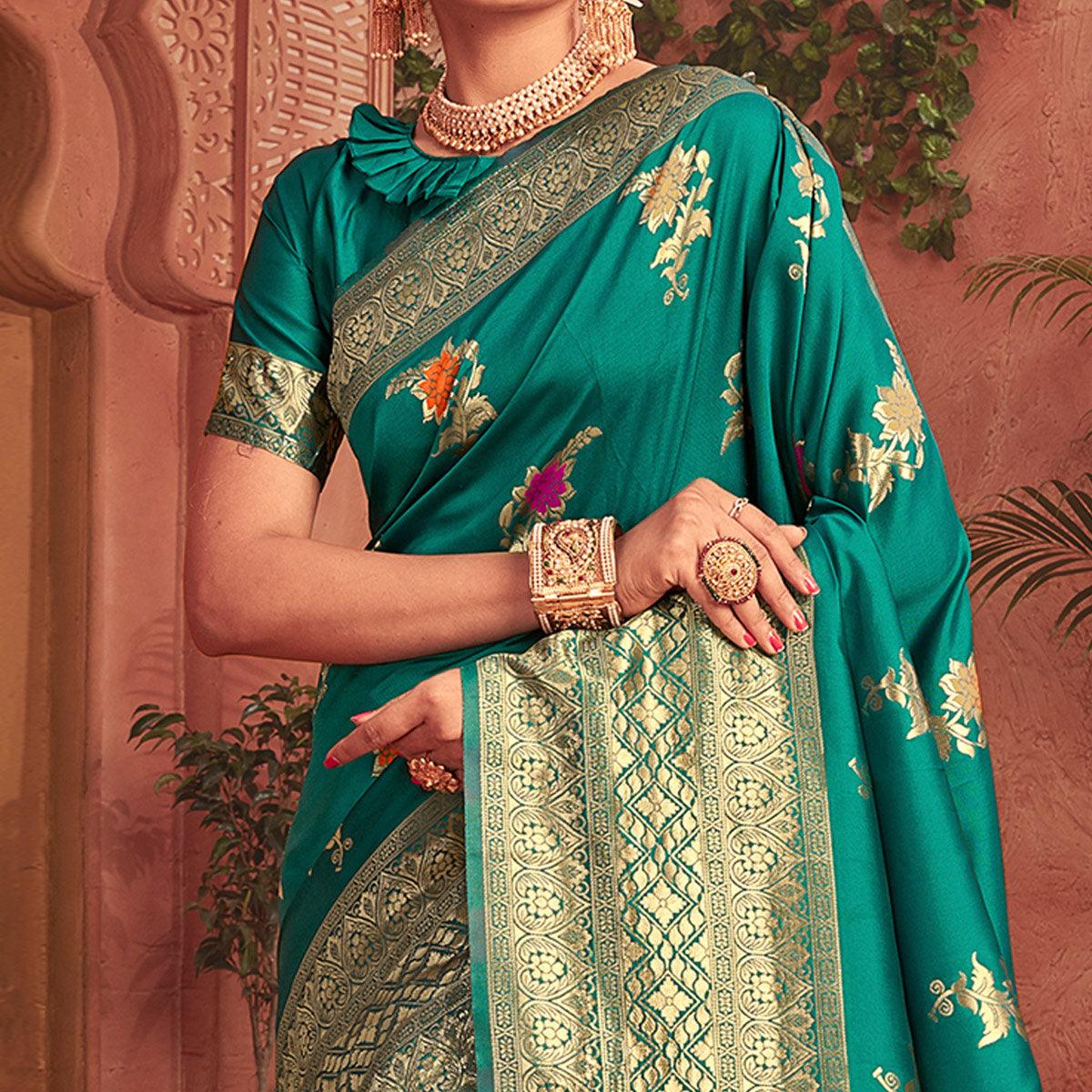 Stunning Green Colored Festive Wear Woven Designer Silk Saree - Peachmode