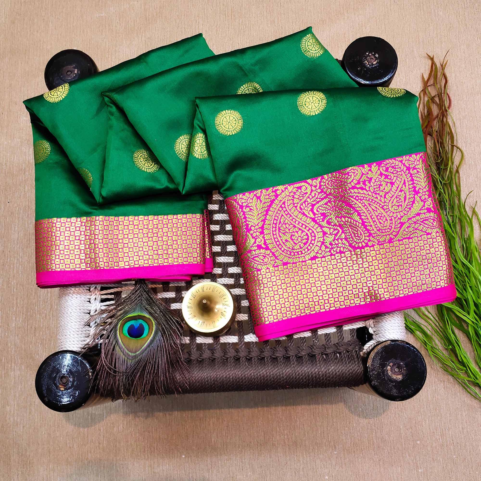 Stunning Green Colored Festive Wear Woven Kanjivaram Silk Saree - Peachmode