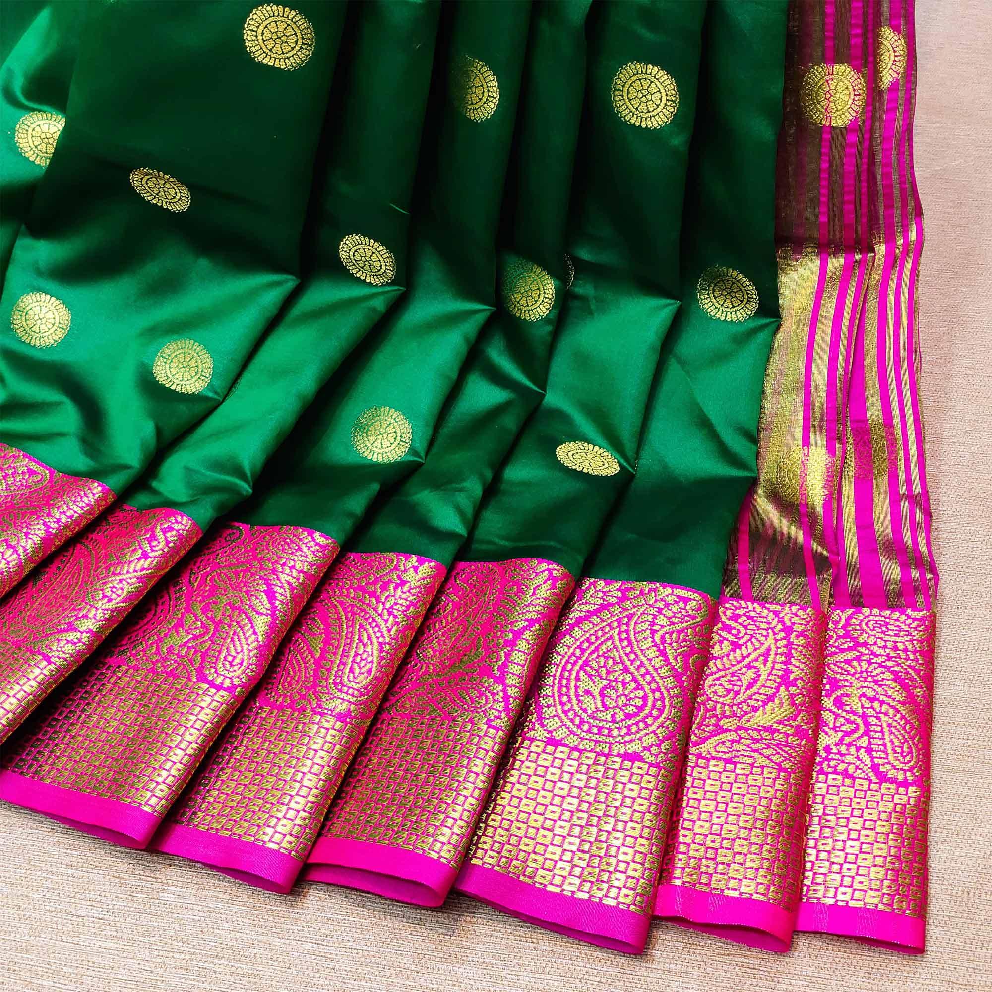 Stunning Green Colored Festive Wear Woven Kanjivaram Silk Saree - Peachmode