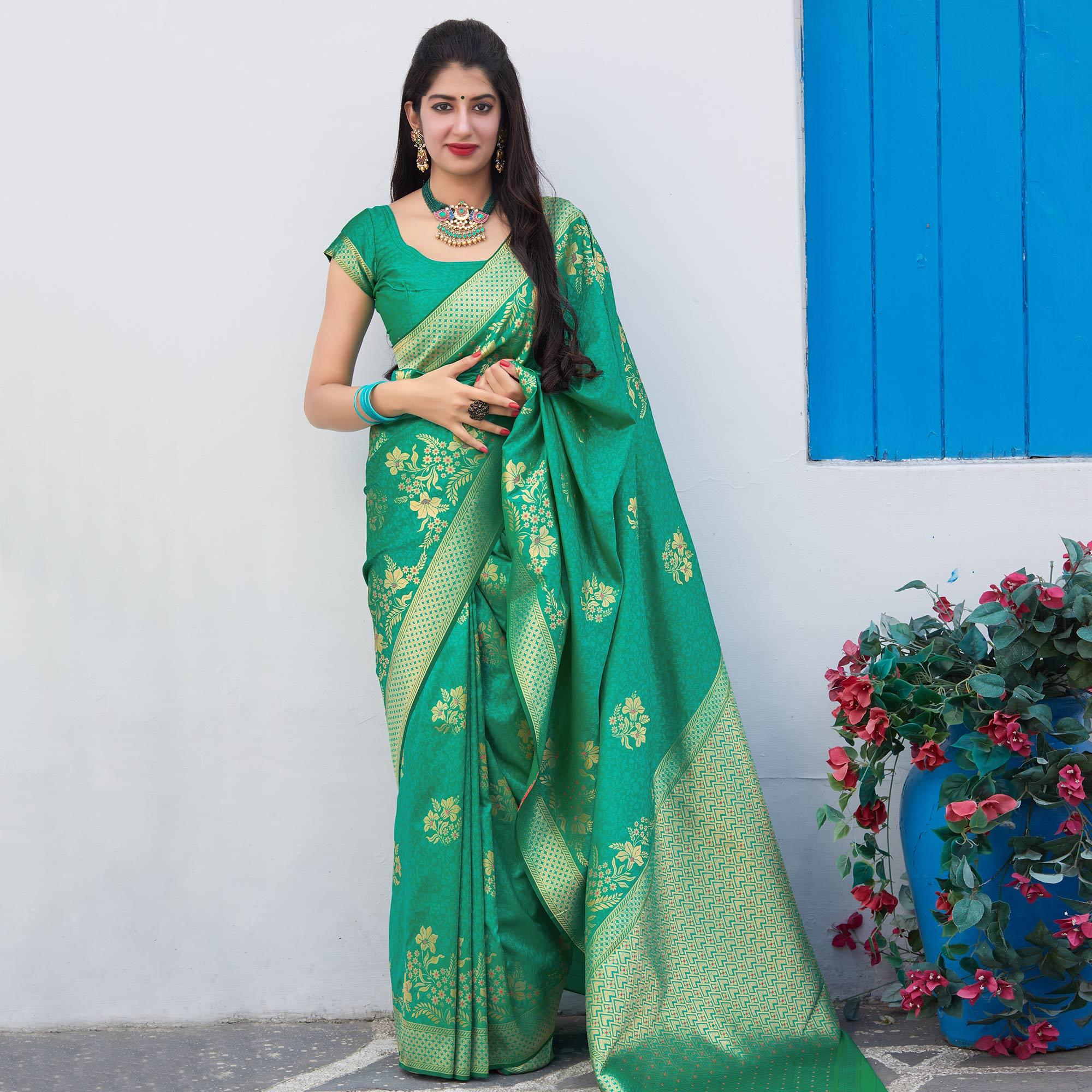 Stunning Green Colored Festive Wear Woven Soft Silk Saree - Peachmode