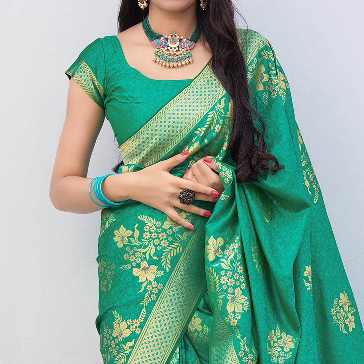 Stunning Green Colored Festive Wear Woven Soft Silk Saree - Peachmode