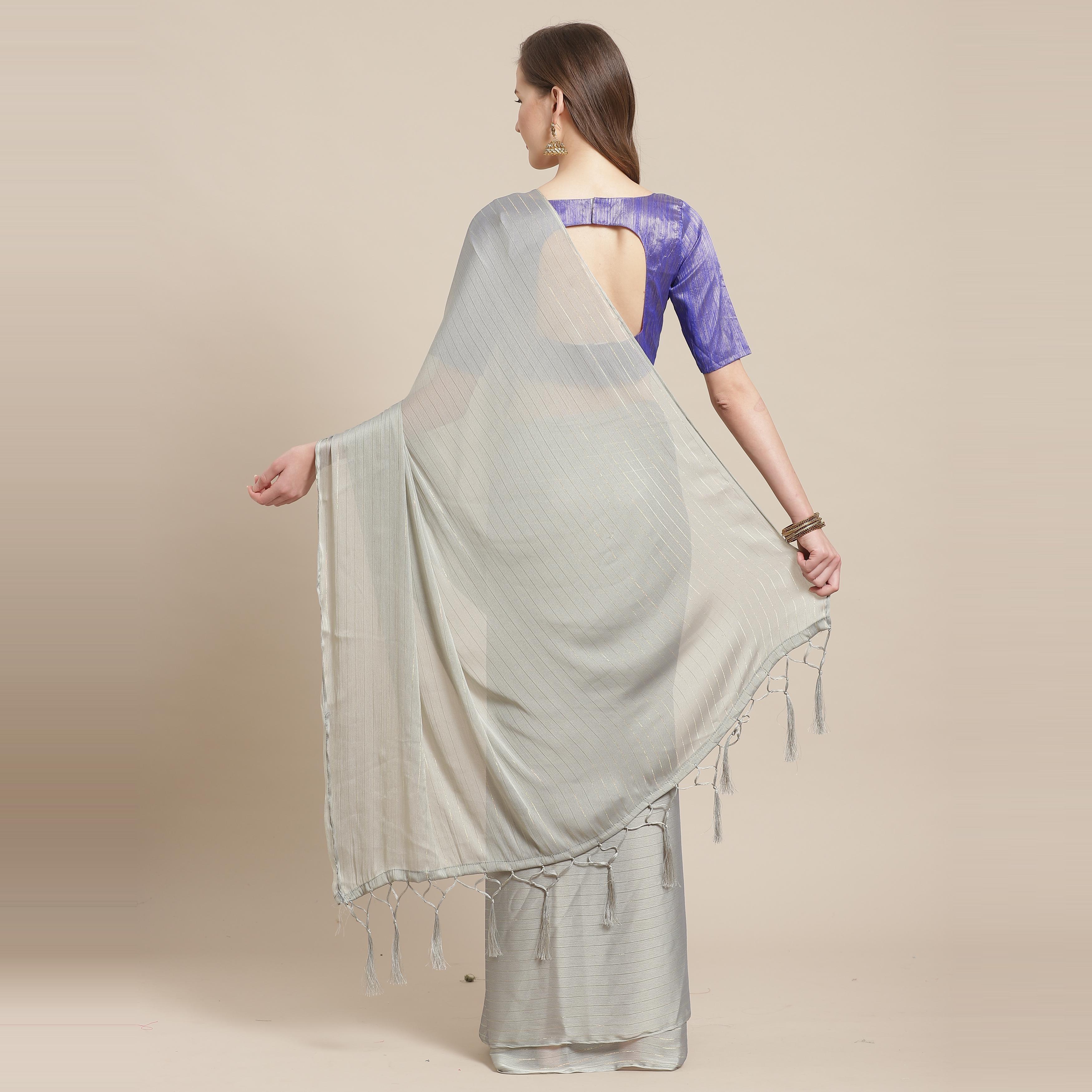 Stunning Grey Colored Casual Wear Printed Poly Georgette Saree - Peachmode
