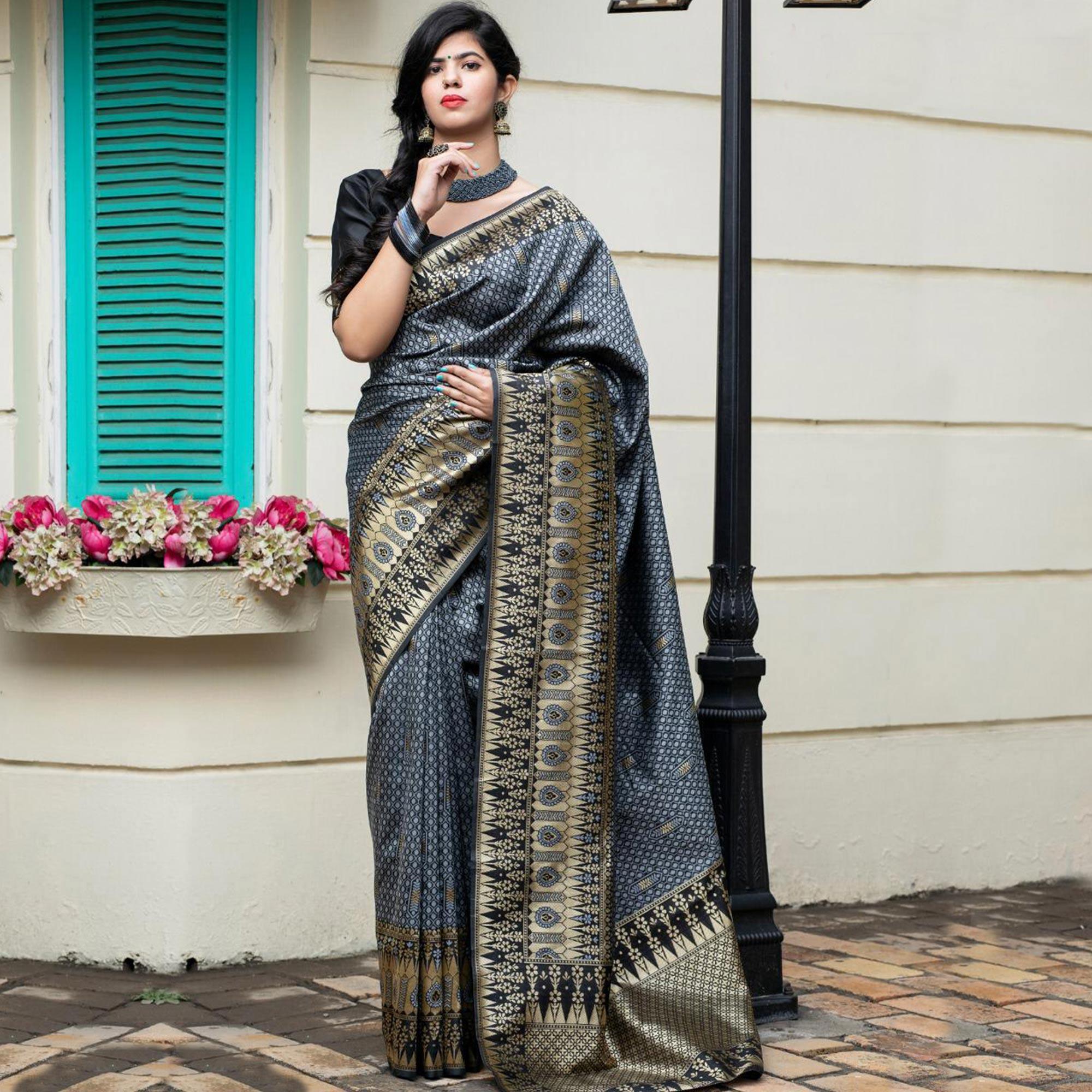 Stunning Grey Colored Festive Wear Woven Banarasi Silk Saree - Peachmode