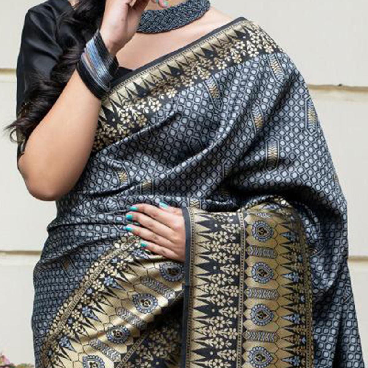 Stunning Grey Colored Festive Wear Woven Banarasi Silk Saree - Peachmode