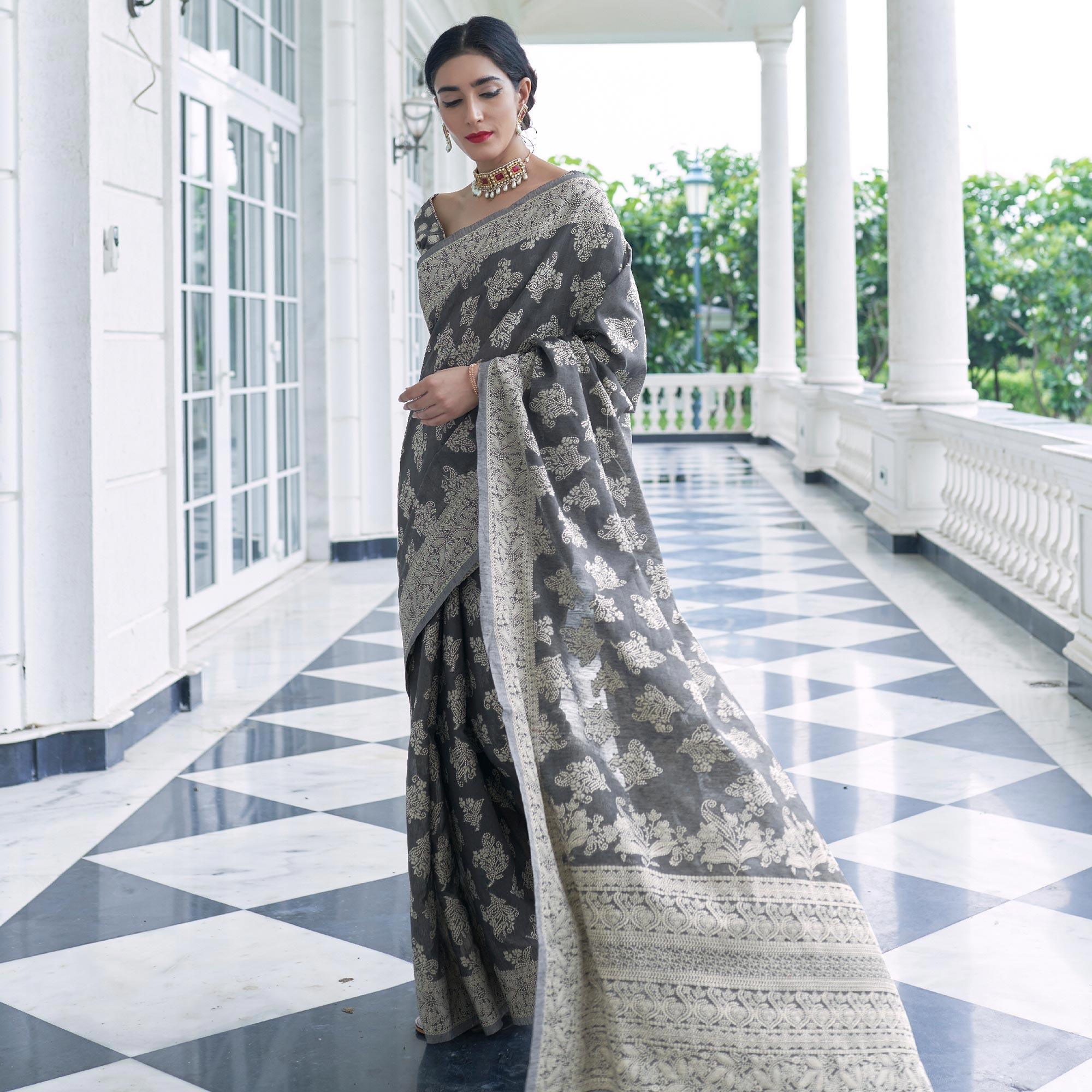 Stunning Grey Colored Festive Wear Woven Chanderi Saree - Peachmode