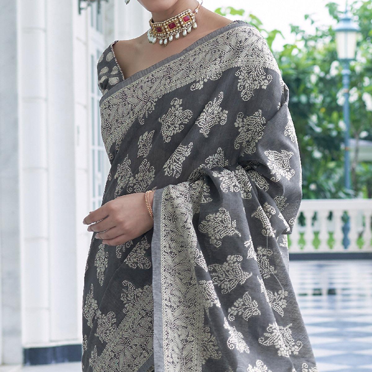Stunning Grey Colored Festive Wear Woven Chanderi Saree - Peachmode