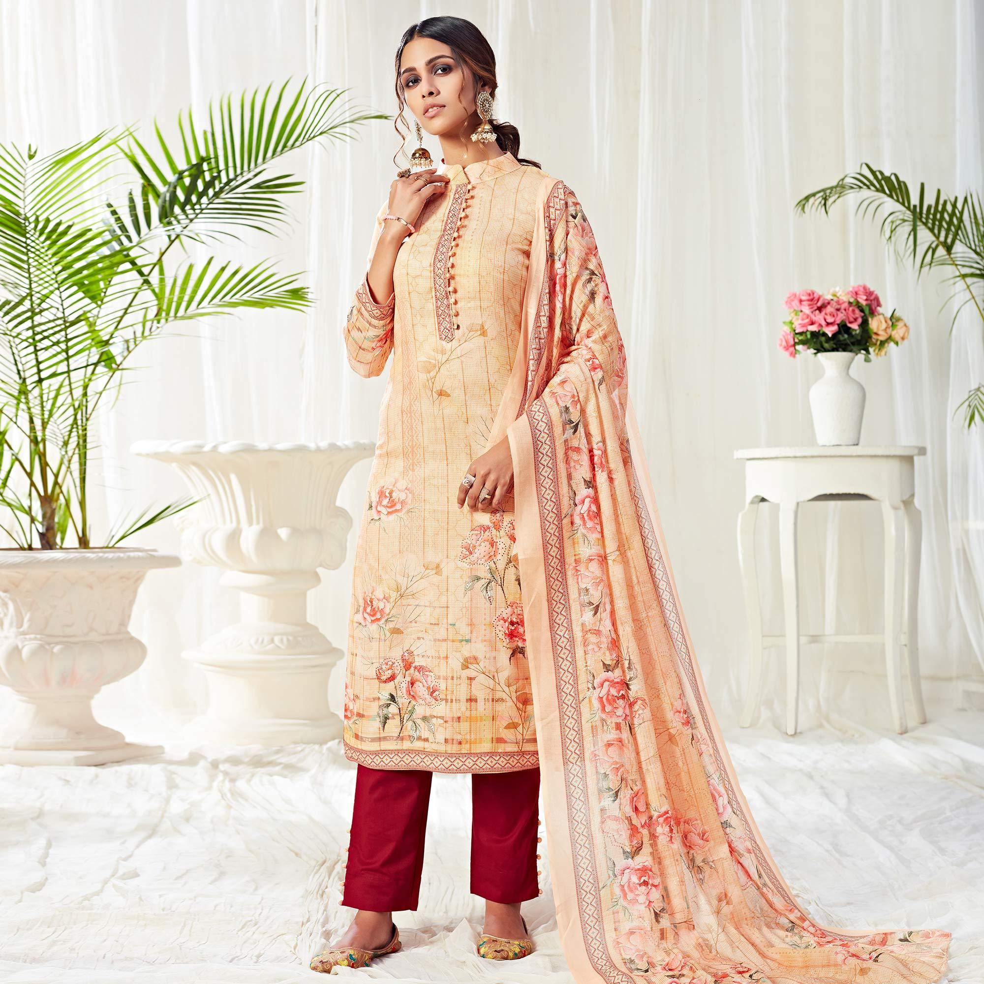 Stunning Light Orange Colored Partywear Digital Printed Cotton Suit - Peachmode