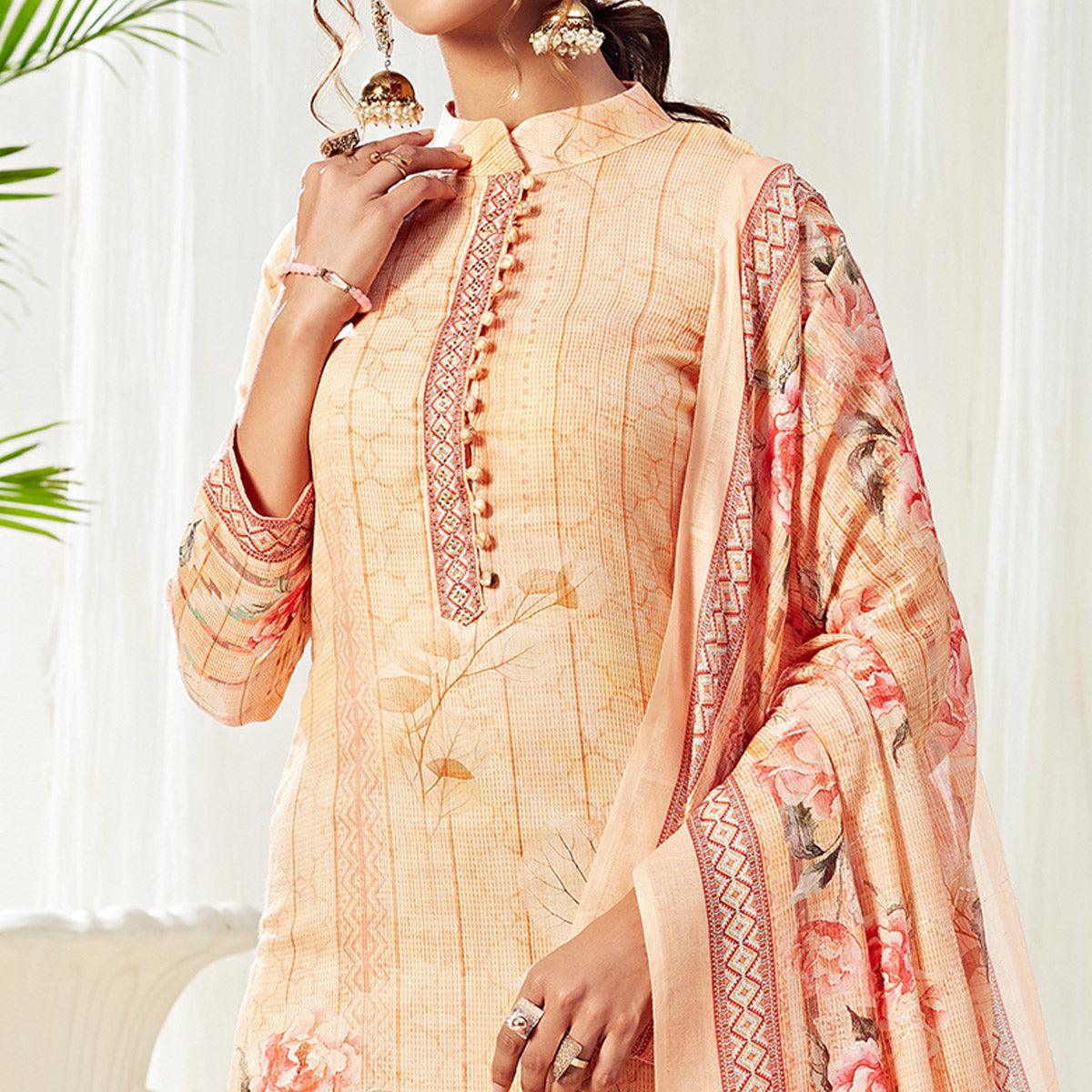Stunning Light Orange Colored Partywear Digital Printed Cotton Suit - Peachmode