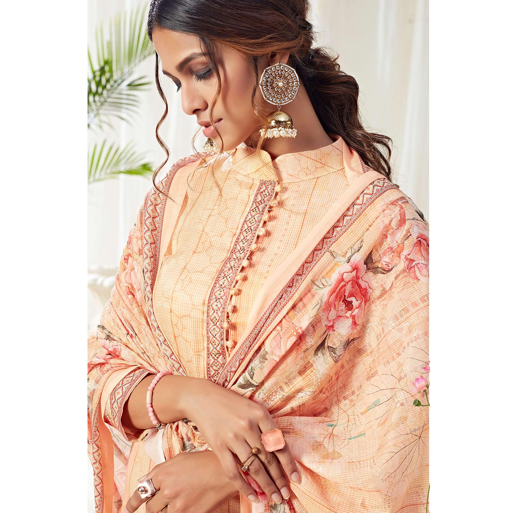 Stunning Light Orange Colored Partywear Digital Printed Cotton Suit - Peachmode