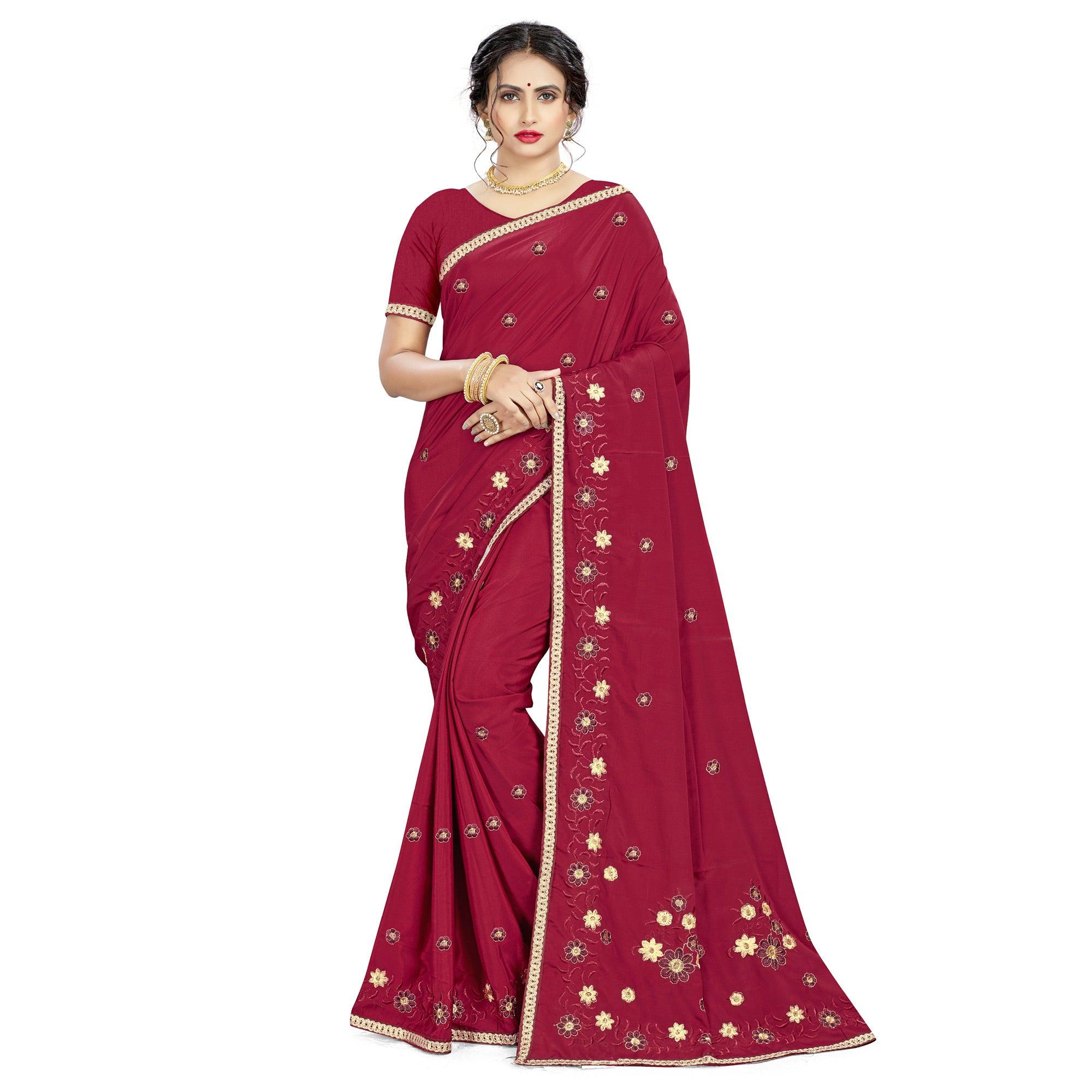 Stunning Maroon Colored Casual Wear Embroidered Crepe Saree - Peachmode