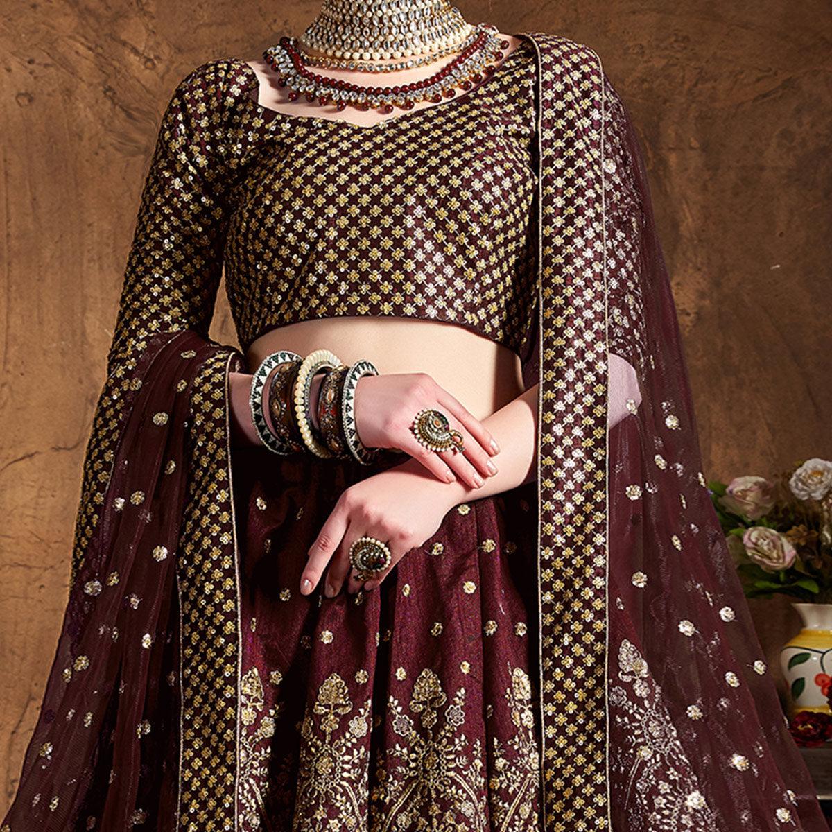 Stunning Maroon Colored Designer Embroidered Banglori Silk Lehenga Choli - Peachmode