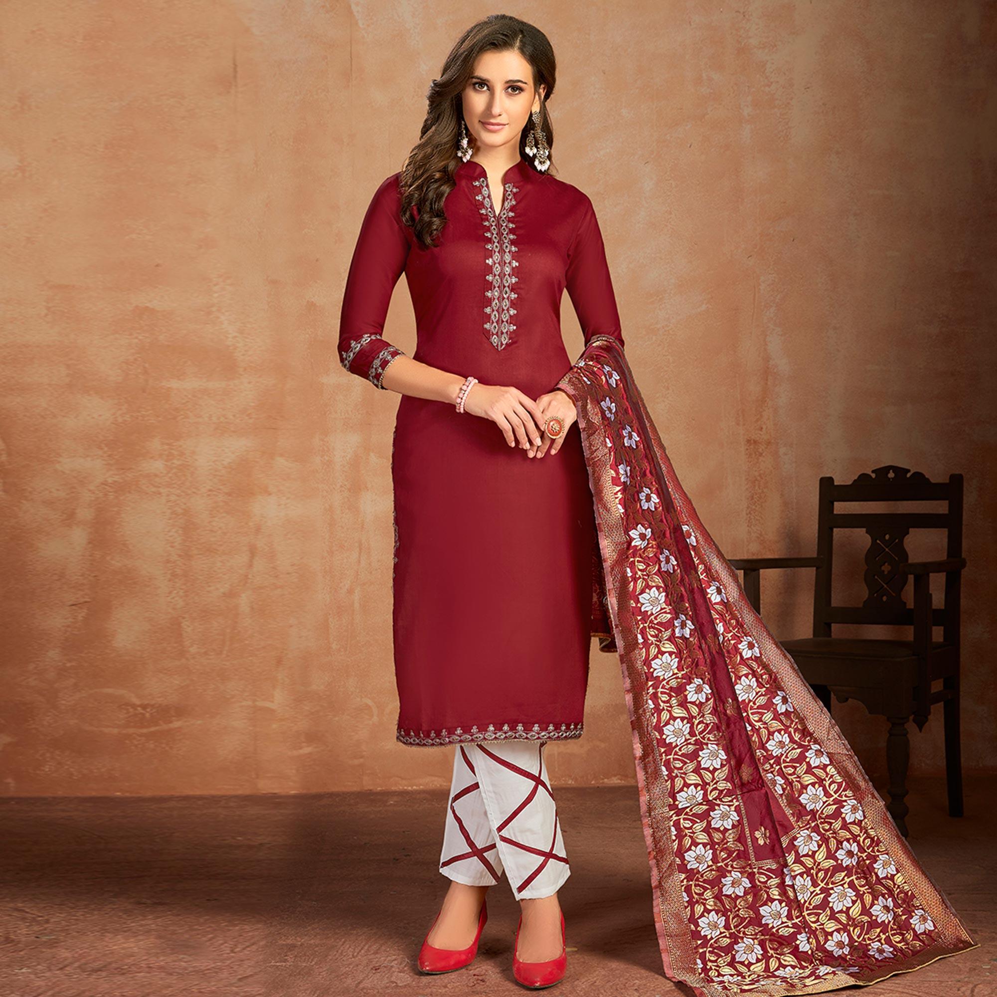 Stunning Maroon Colored Partywear Embroidered Pure Cotton Dress Material - Peachmode