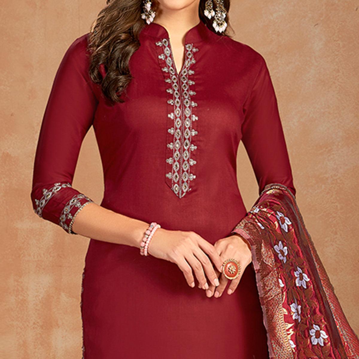 Stunning Maroon Colored Partywear Embroidered Pure Cotton Dress Material - Peachmode