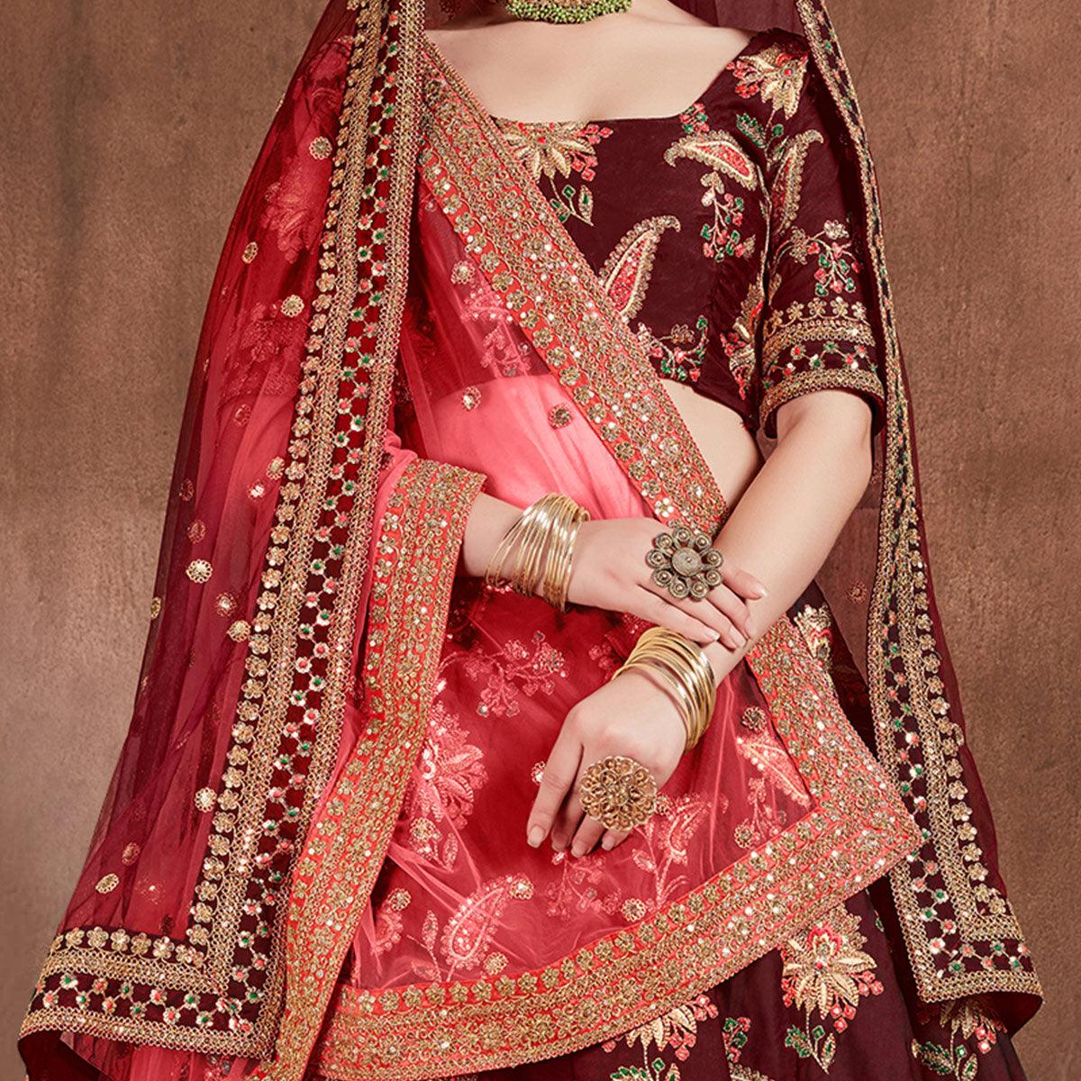 Stunning Maroon Colored Partywear Embroidered Tapeta Silk Lehenga Choli - Peachmode