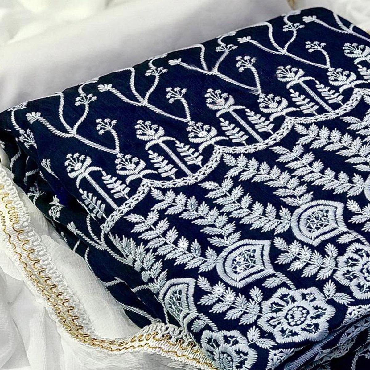 Stunning Navy Blue Colored Casual Wear Floral Embroidered Cotton Dress Material - Peachmode