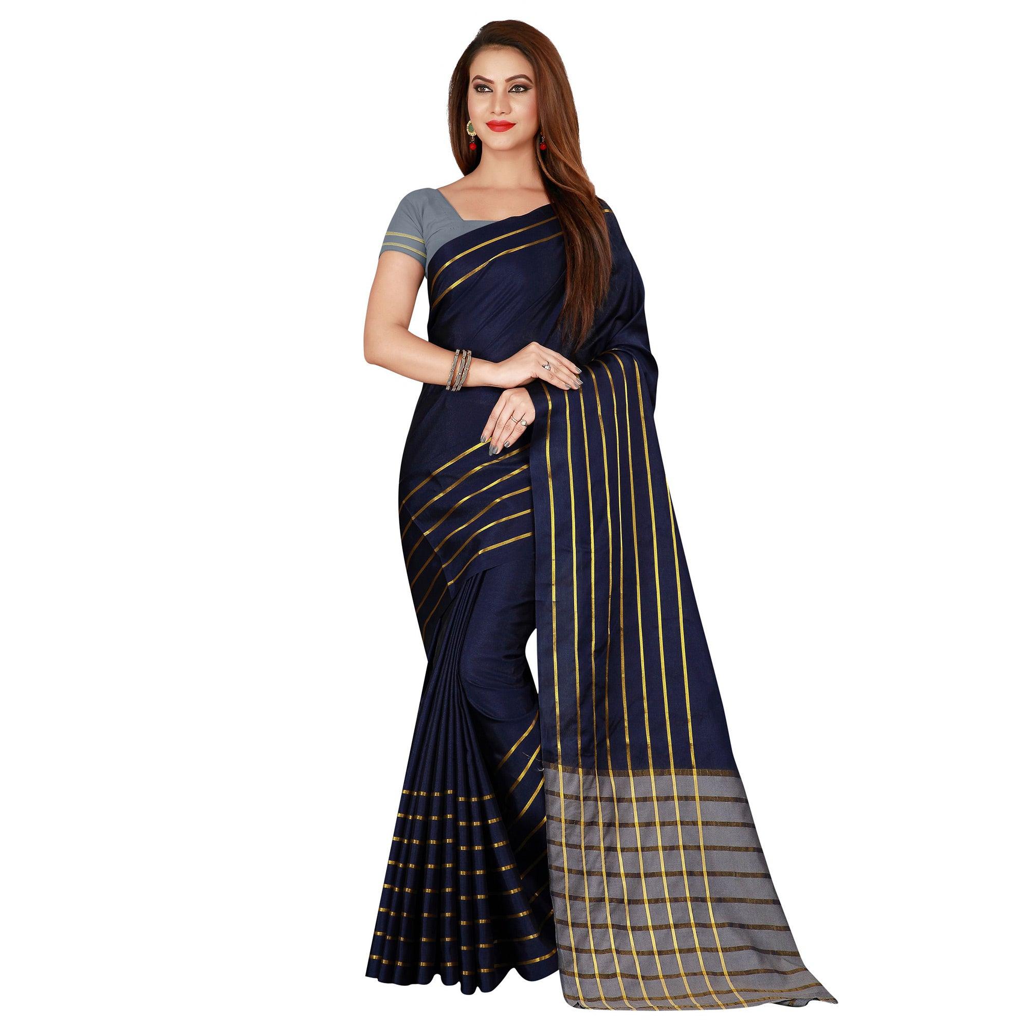 Stunning Navy Blue Colored Casual Wear Woven Cotton Silk Saree - Peachmode