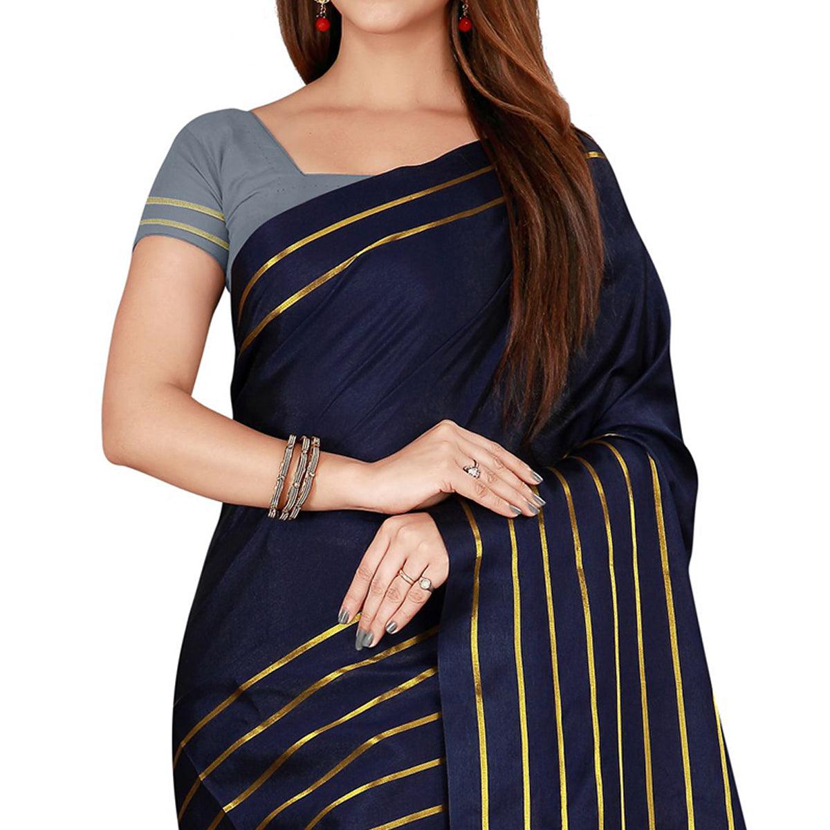 Stunning Navy Blue Colored Casual Wear Woven Cotton Silk Saree - Peachmode