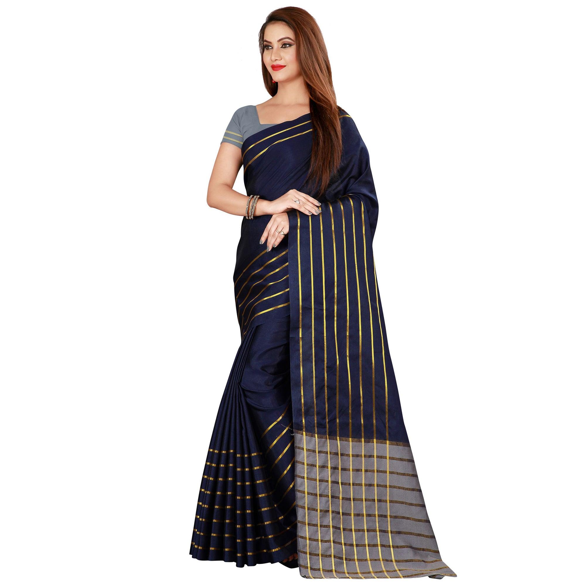 Stunning Navy Blue Colored Casual Wear Woven Cotton Silk Saree - Peachmode