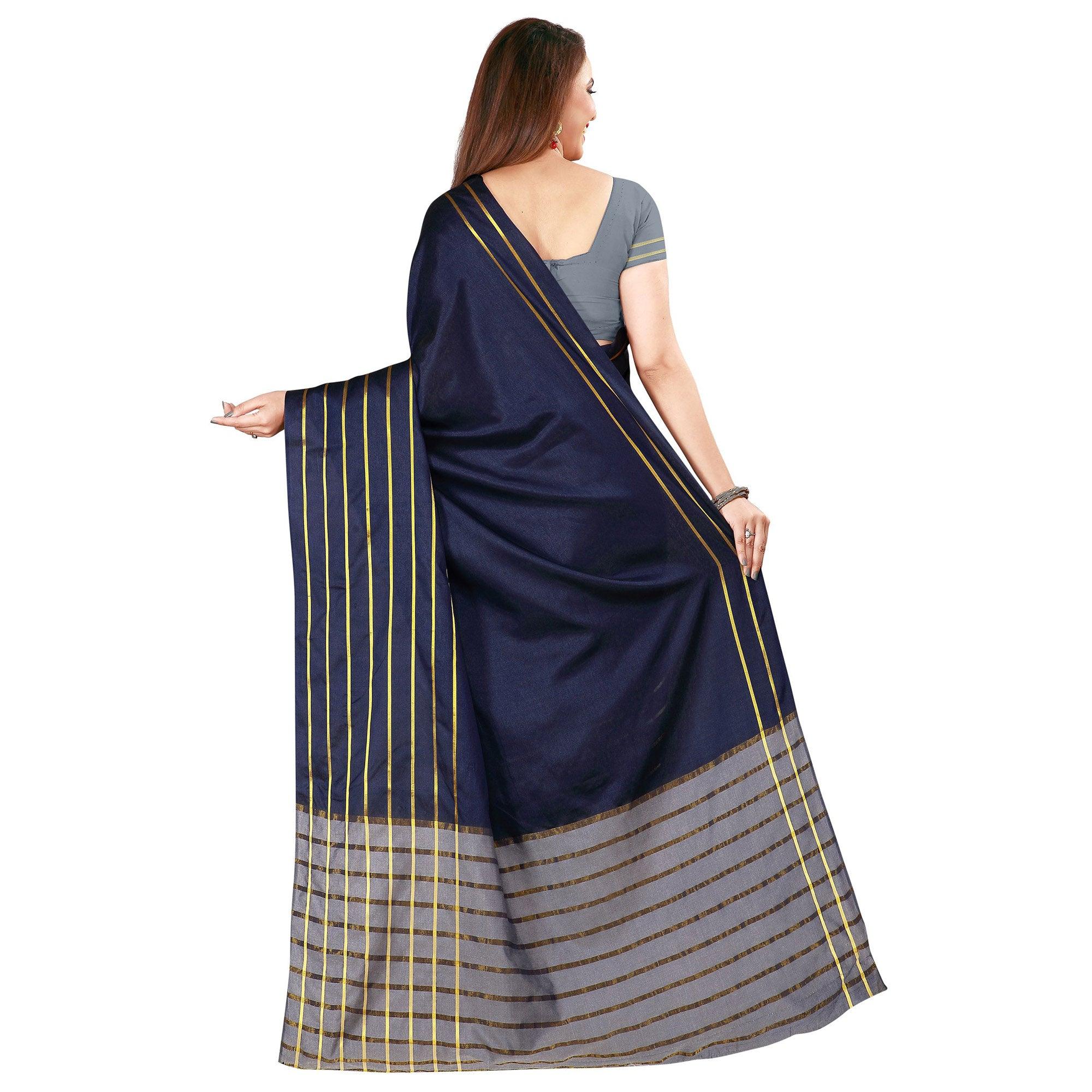 Stunning Navy Blue Colored Casual Wear Woven Cotton Silk Saree - Peachmode