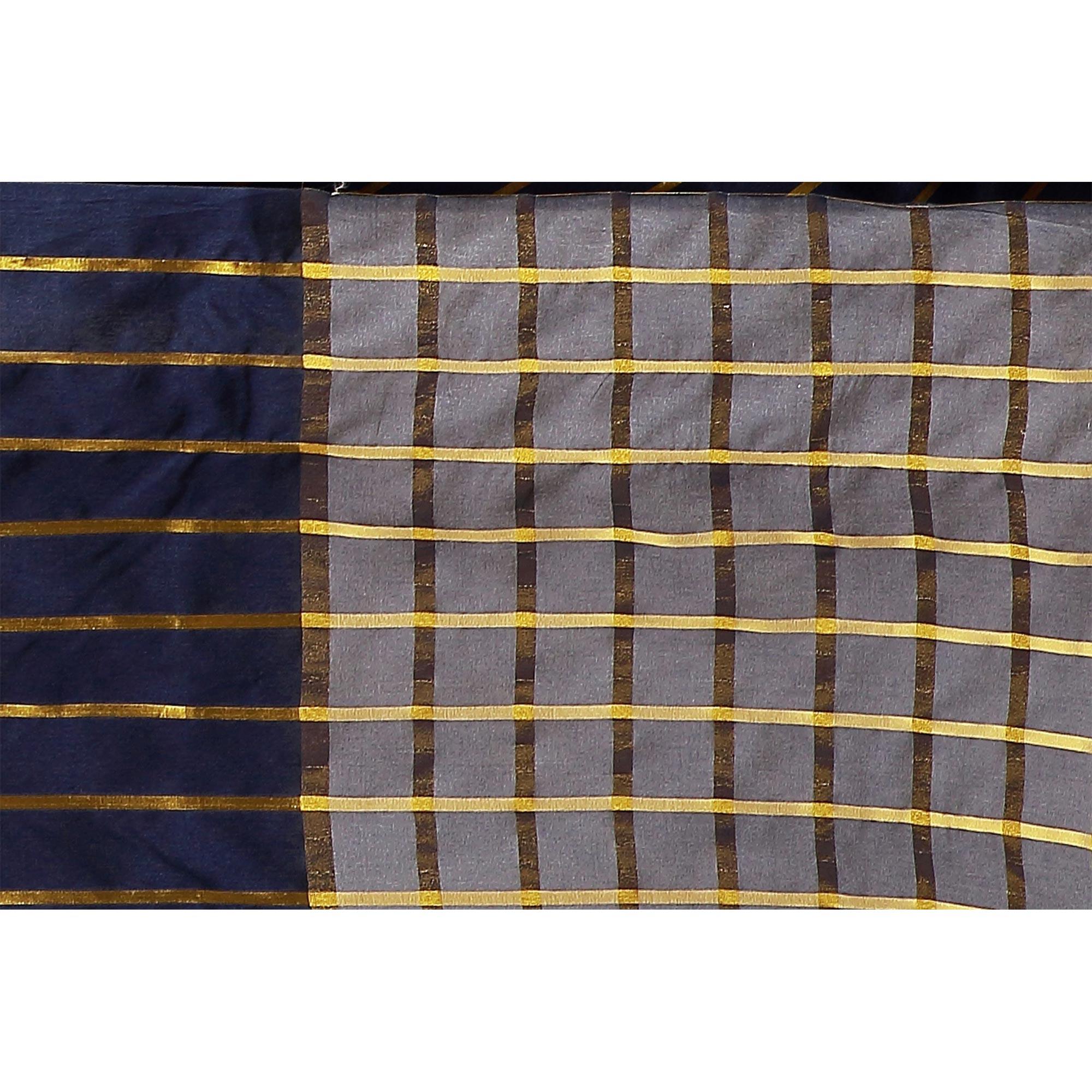 Stunning Navy Blue Colored Casual Wear Woven Cotton Silk Saree - Peachmode