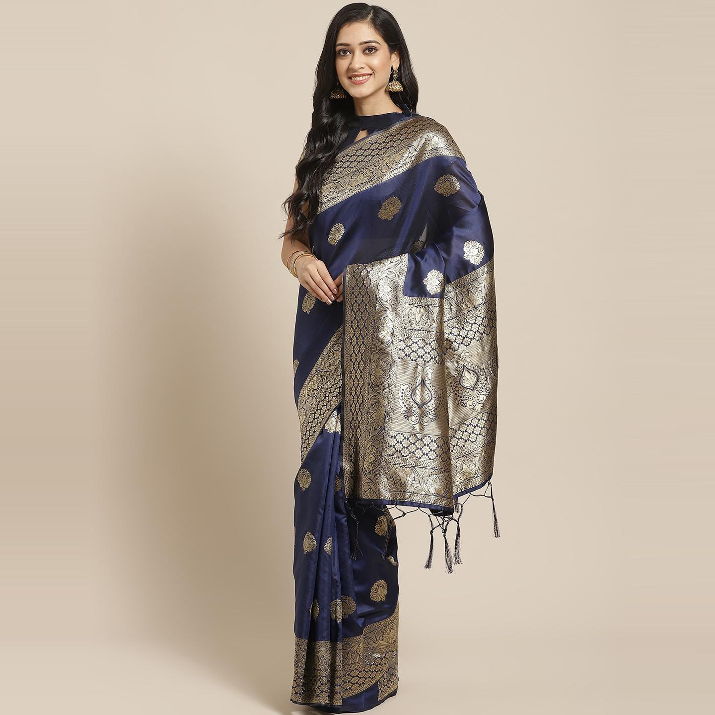 Stunning Navy Blue Colored Festive Wear Woven Silk Saree - Peachmode