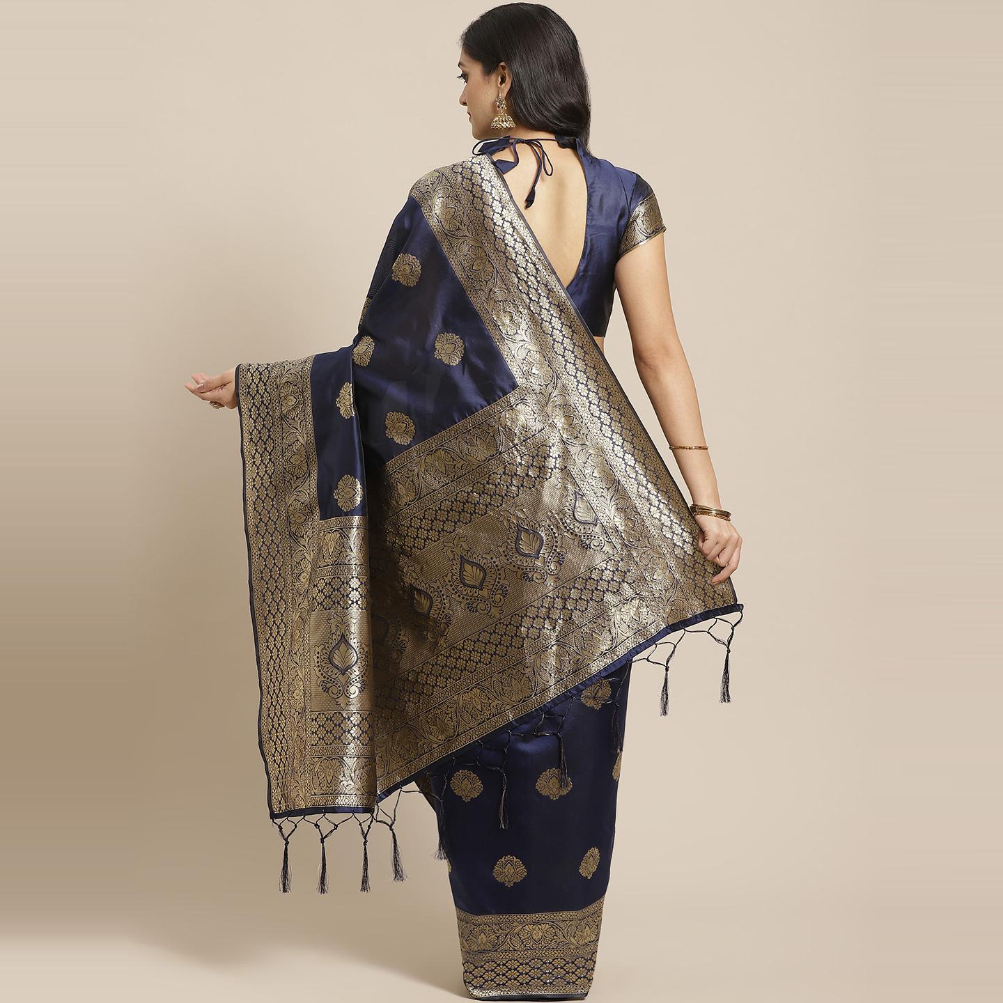 Stunning Navy Blue Colored Festive Wear Woven Silk Saree - Peachmode