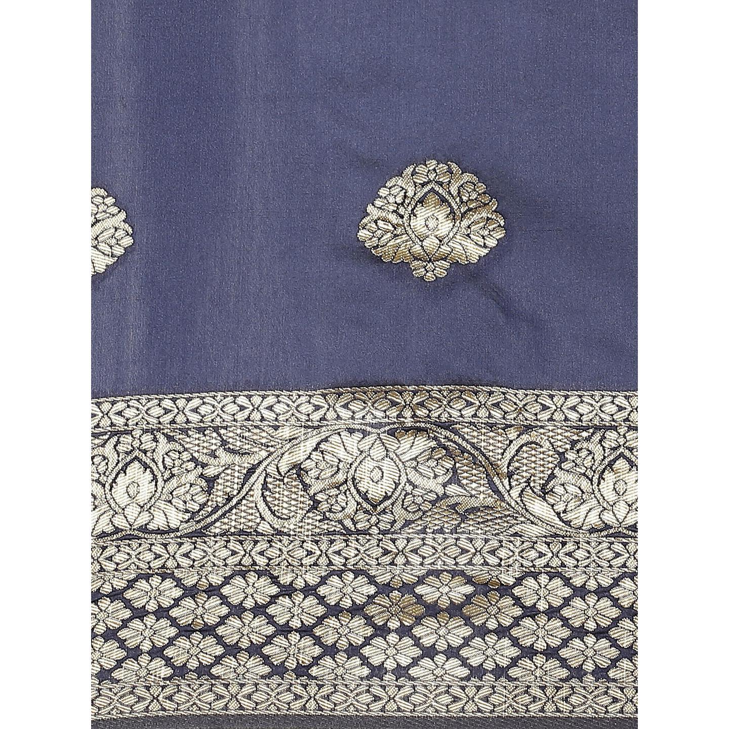 Stunning Navy Blue Colored Festive Wear Woven Silk Saree - Peachmode