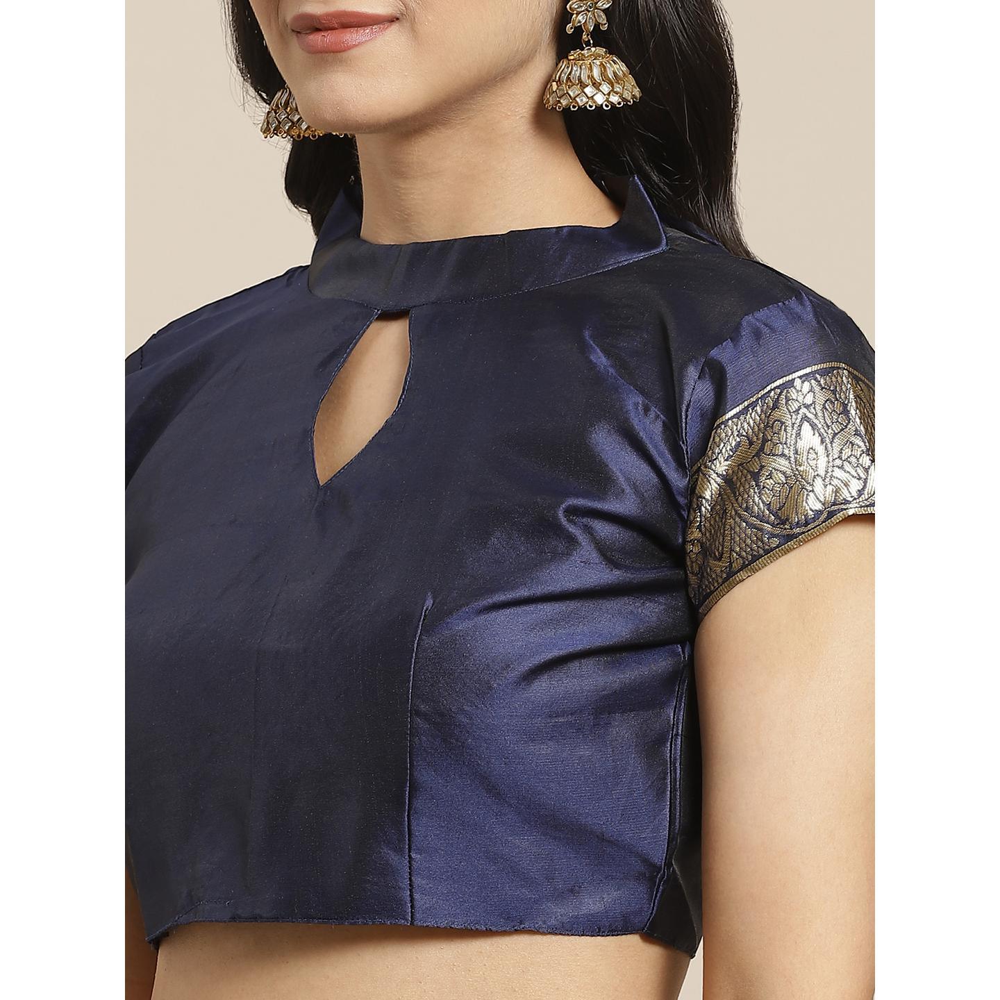 Stunning Navy Blue Colored Festive Wear Woven Silk Saree - Peachmode