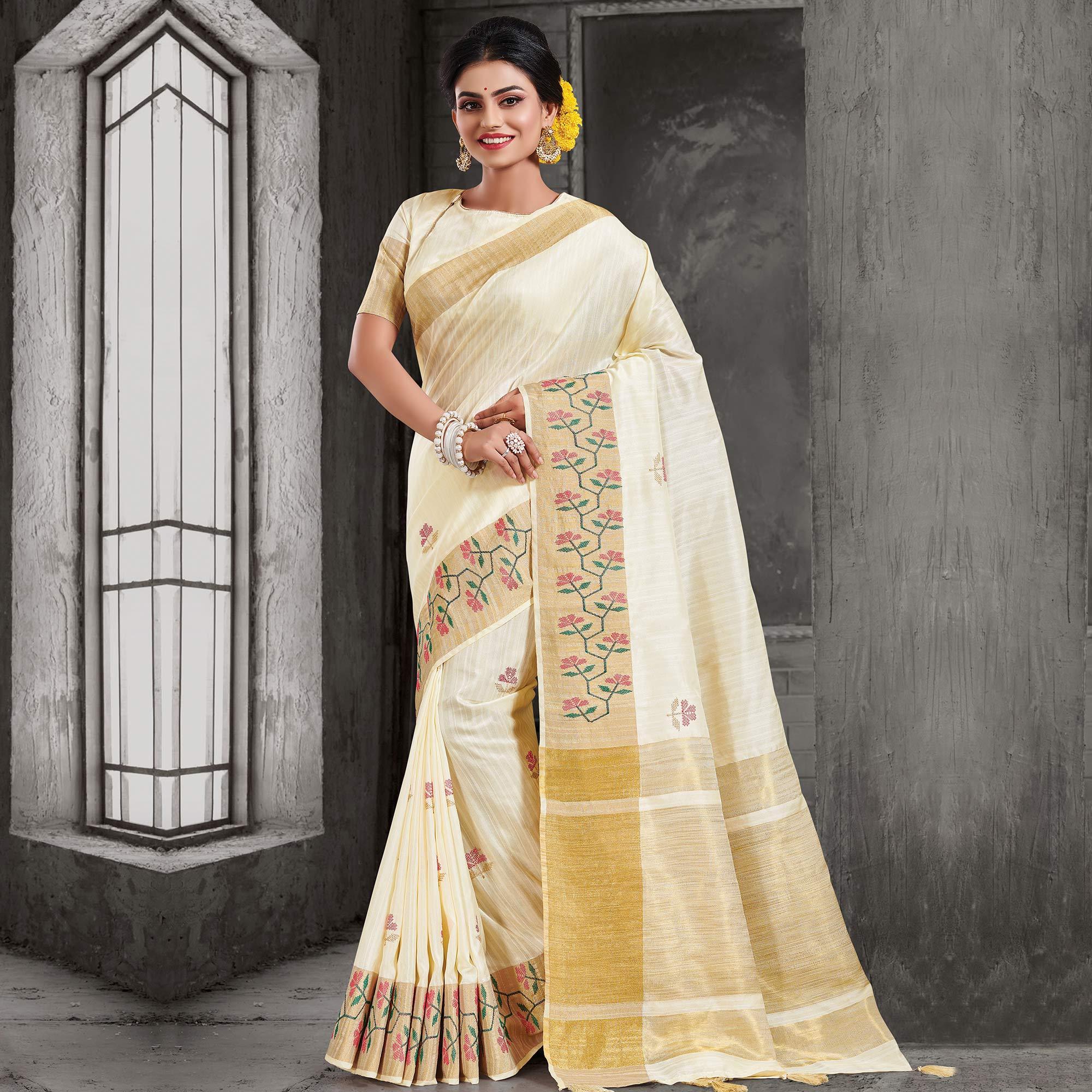 Stunning Offwhite Colored Festive Wear Woven Crystal Silk Saree - Peachmode
