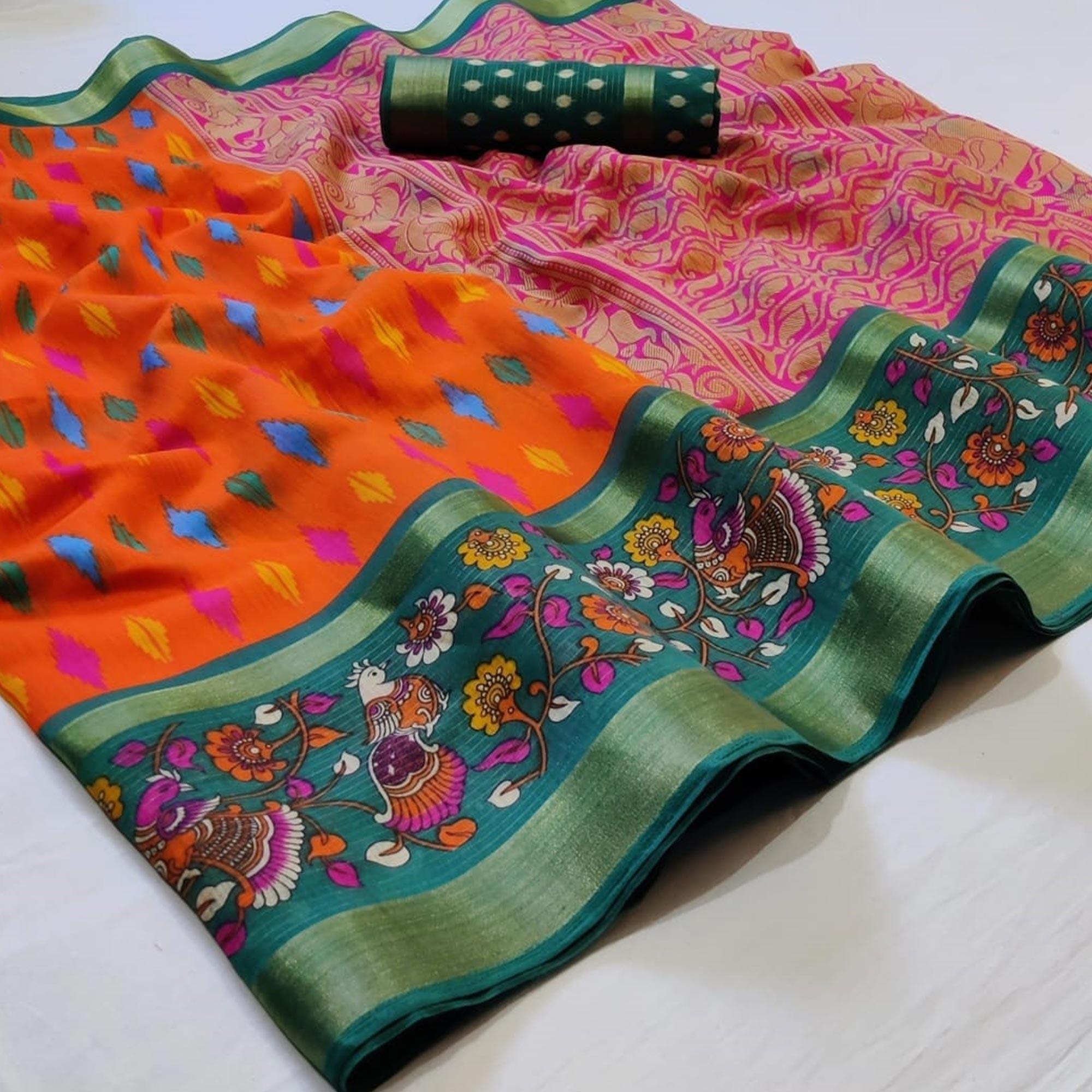 Stunning Orange Colored Casual Wear Printed Cotton Saree - Peachmode