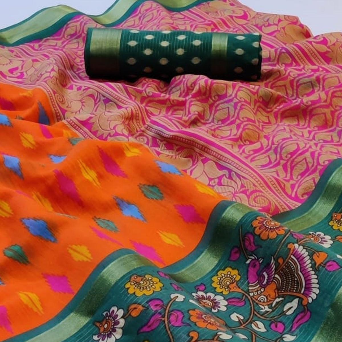 Stunning Orange Colored Casual Wear Printed Cotton Saree - Peachmode
