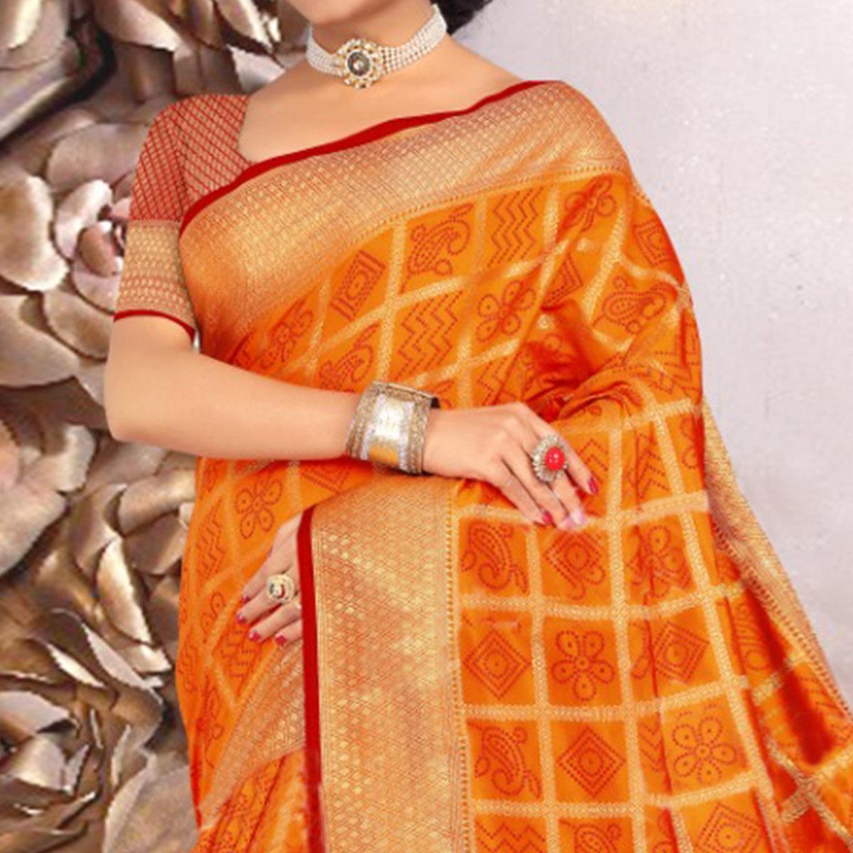 Stunning Orange Colored Festive Wear Woven Banarasi Silk Saree - Peachmode